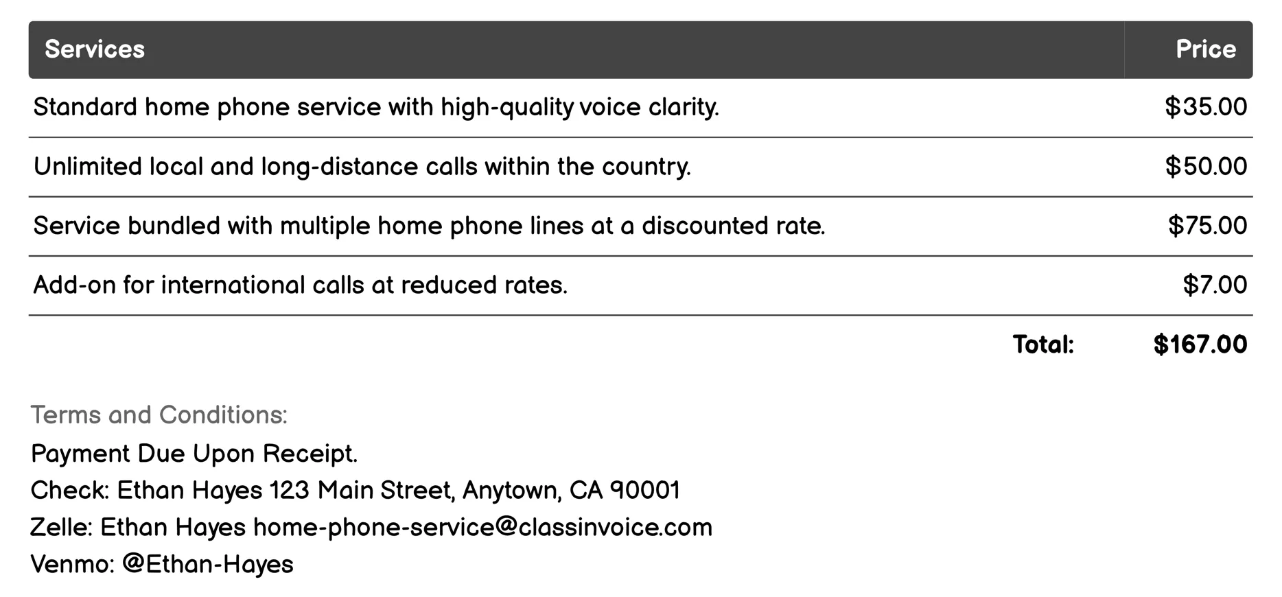 Fiber Optic Phone Service Invoice Example