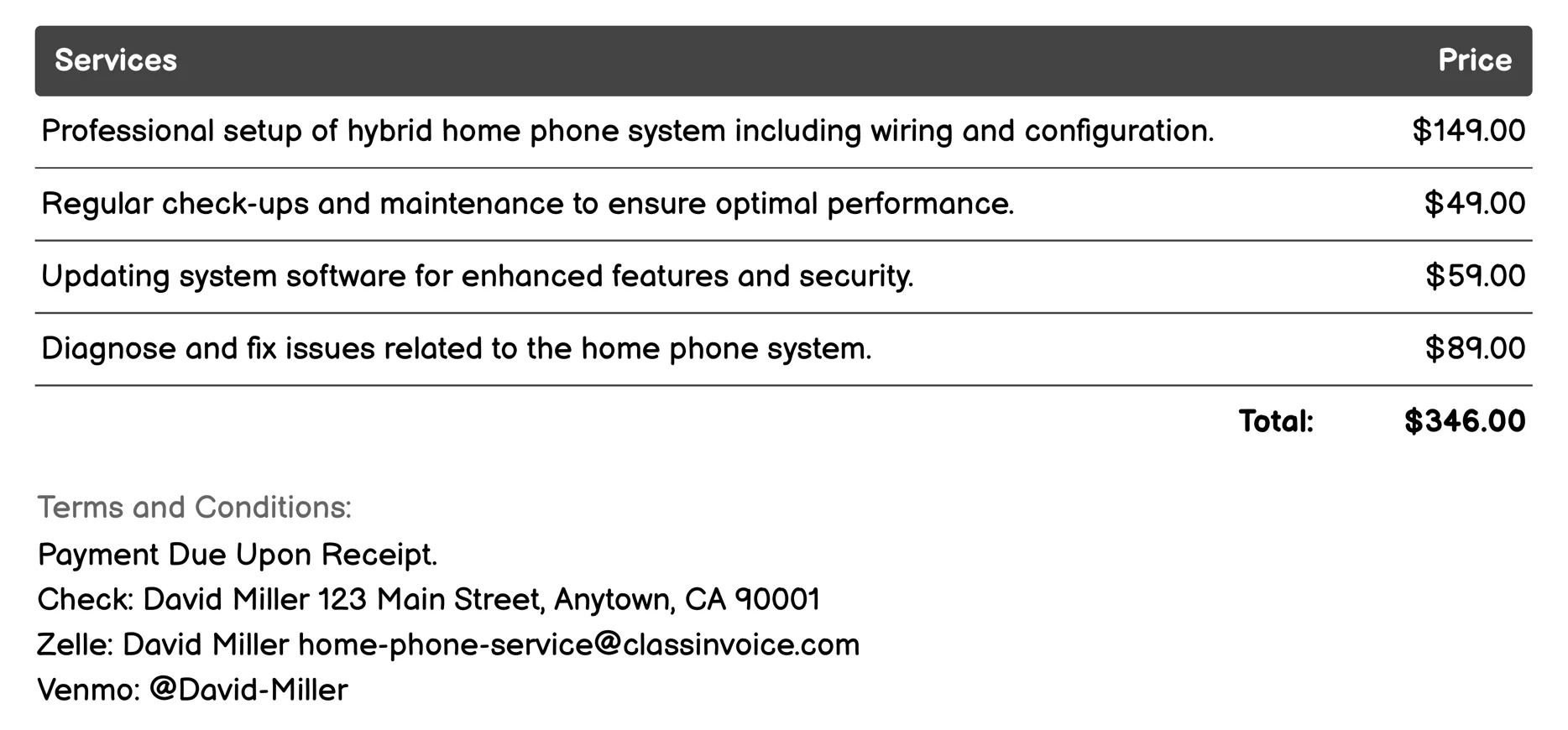 Hybrid Home Phone System Invoice Example