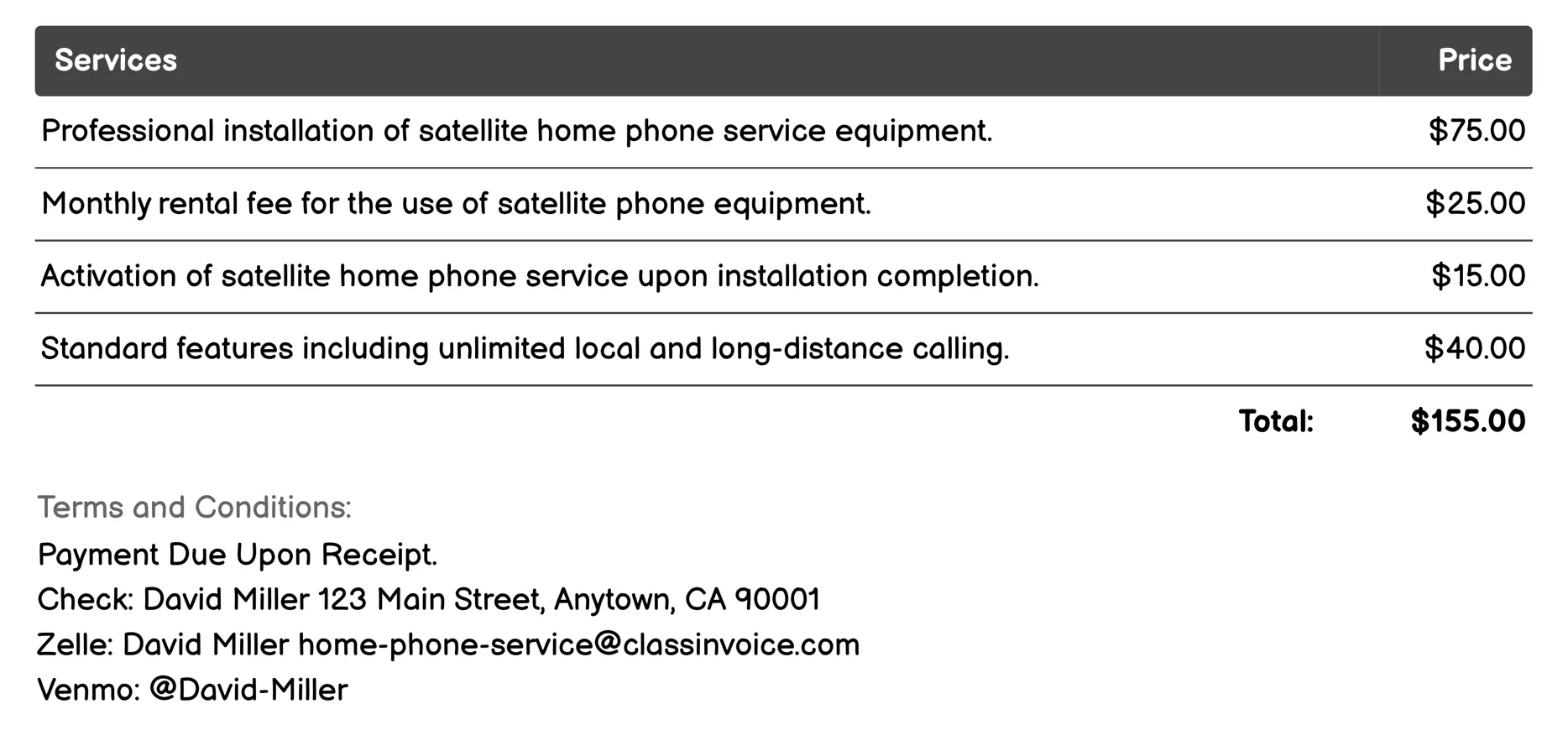 Satellite Home Phone Service Invoice Example