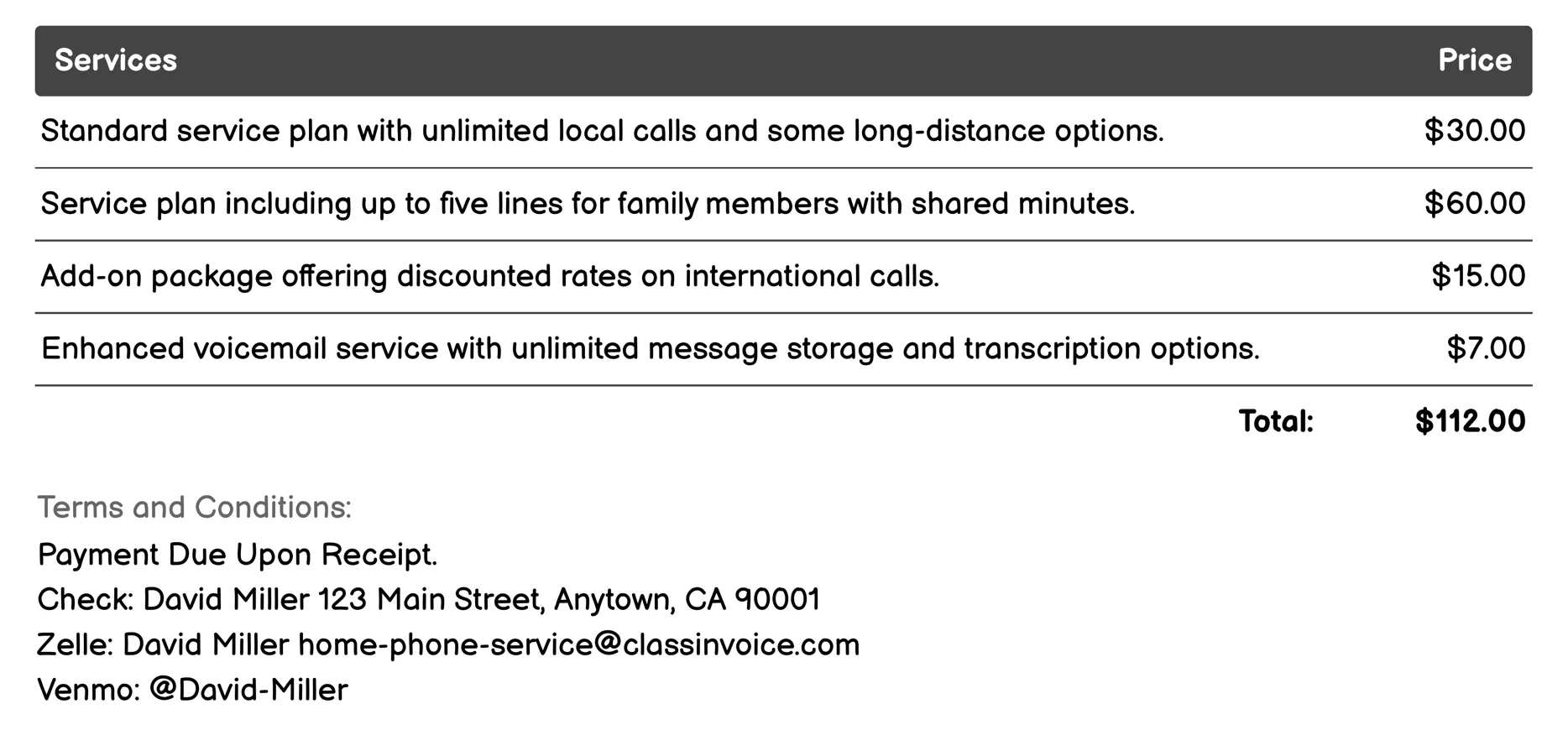 Wireless Home Phone Service Invoice Example