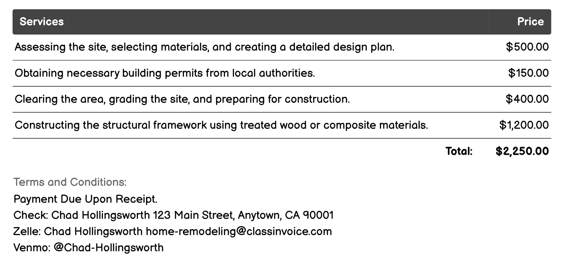 Deck or Patio Construction Invoice Example