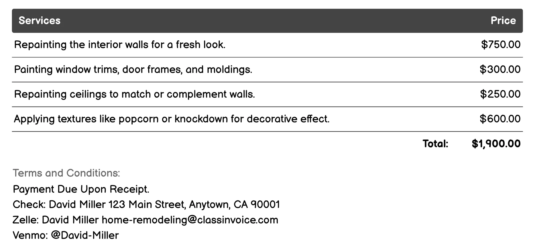 Painting and Wall Treatments Invoice Example