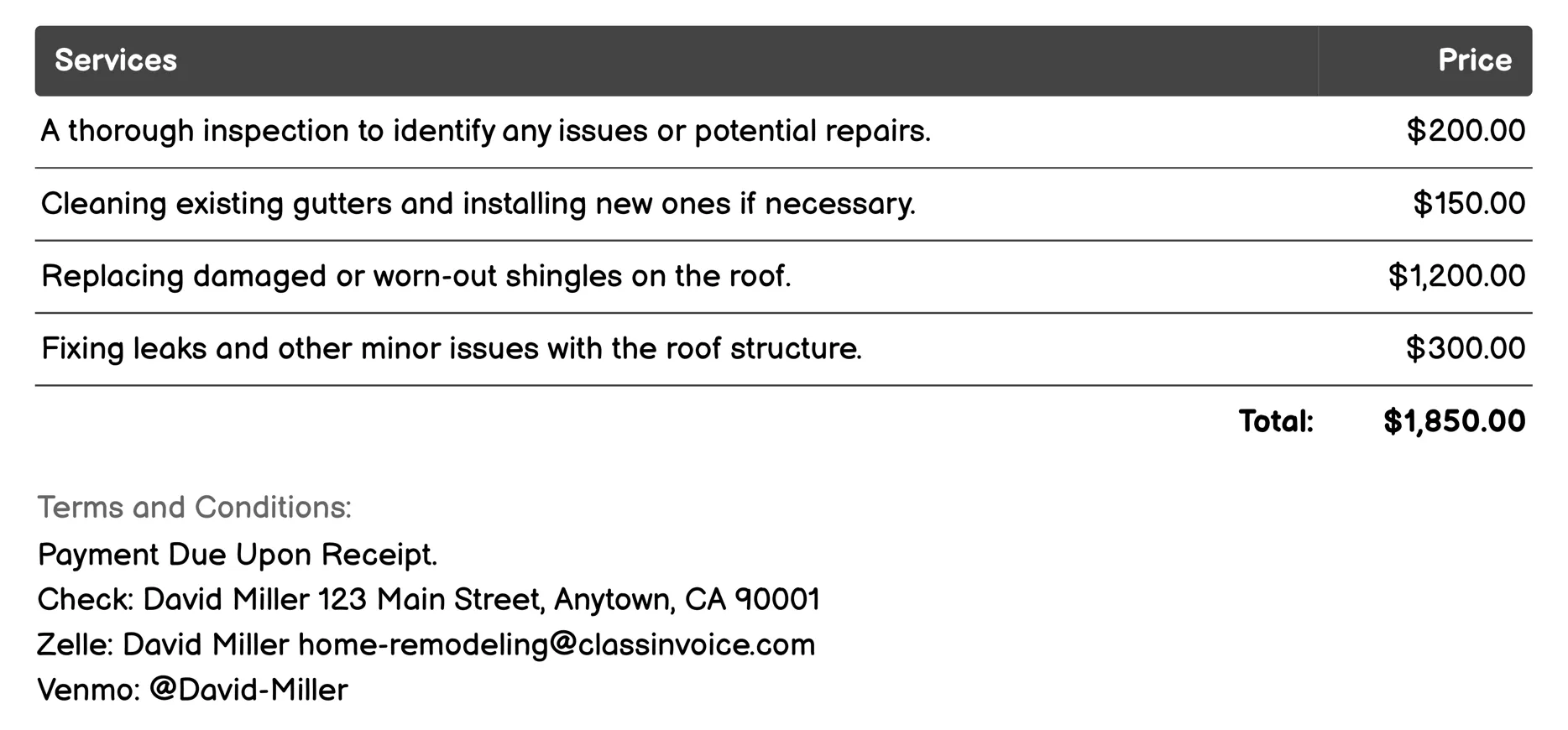 Roofing Services Invoice Example