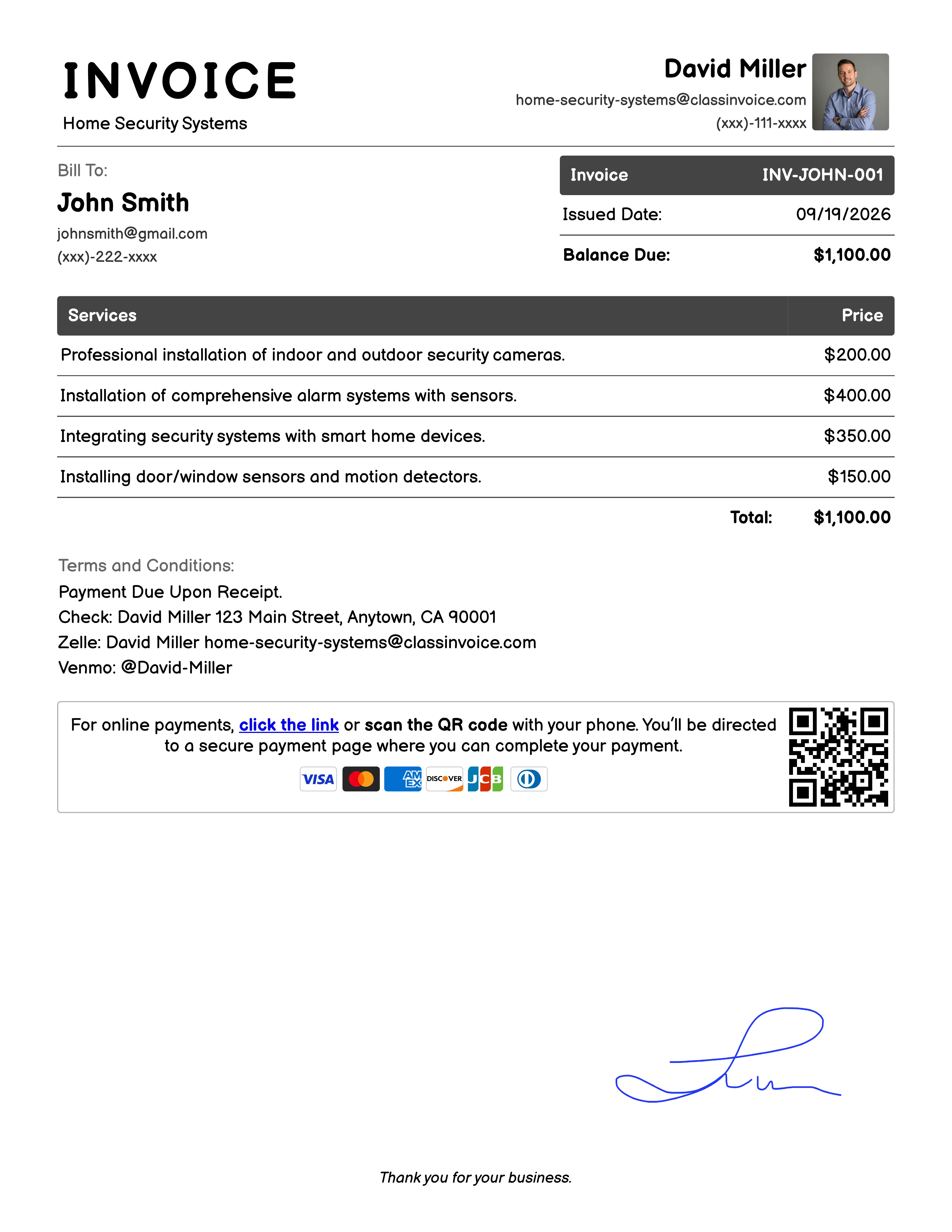 Home Security Systems Invoice Example