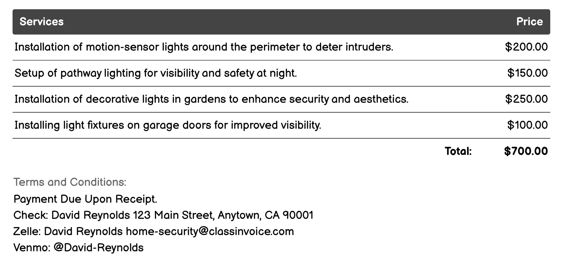 Security Lighting Invoice Example