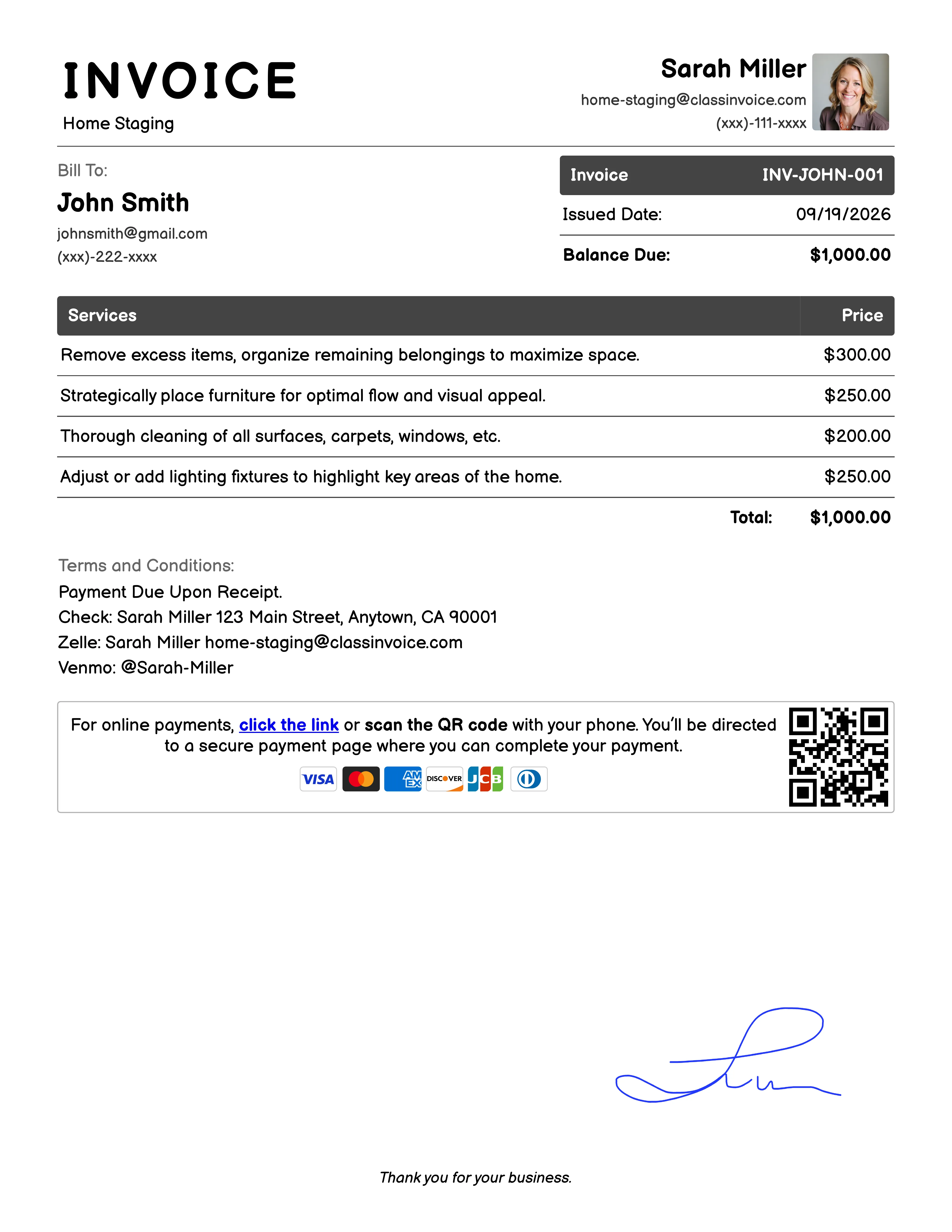 Home Staging Invoice Example