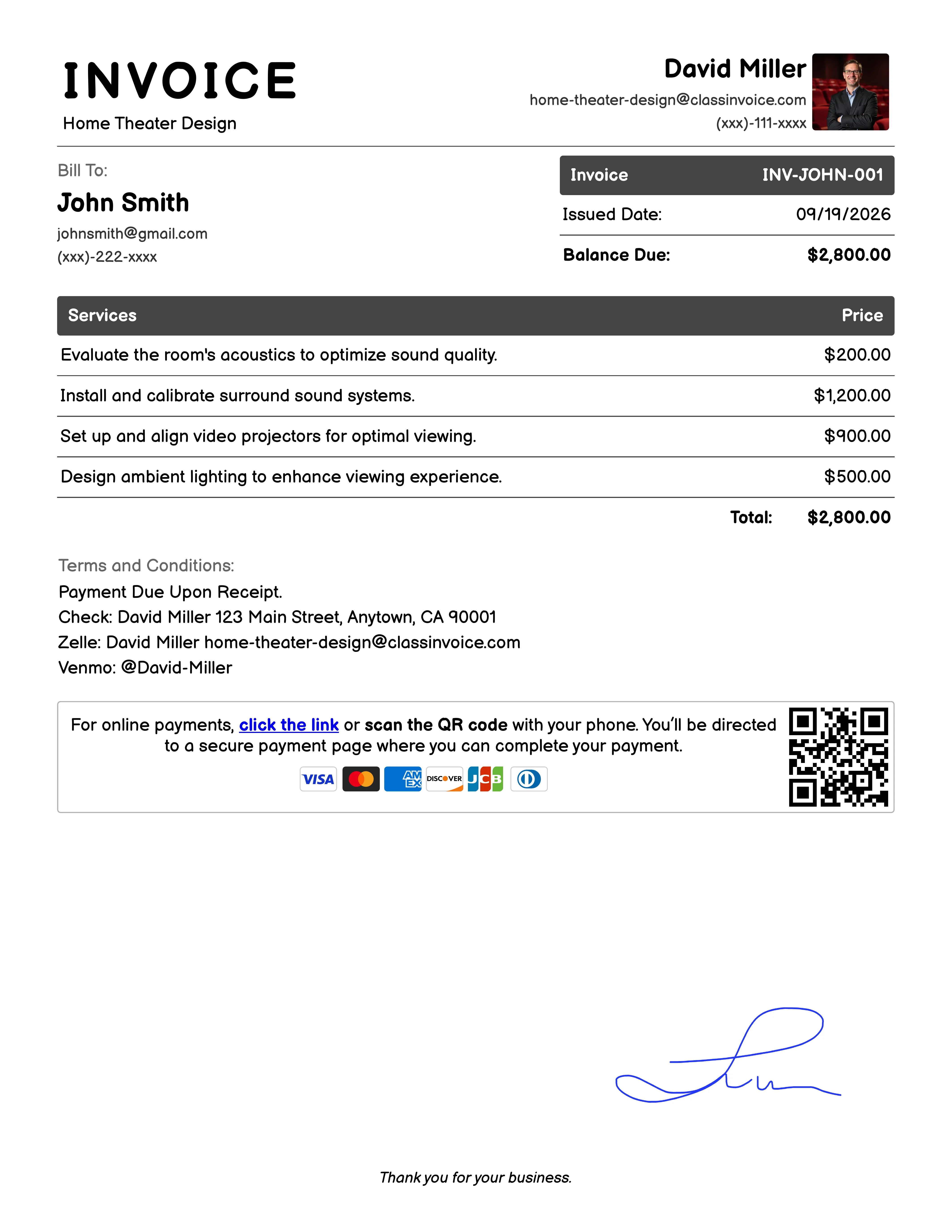Home Theater Design Invoice Example