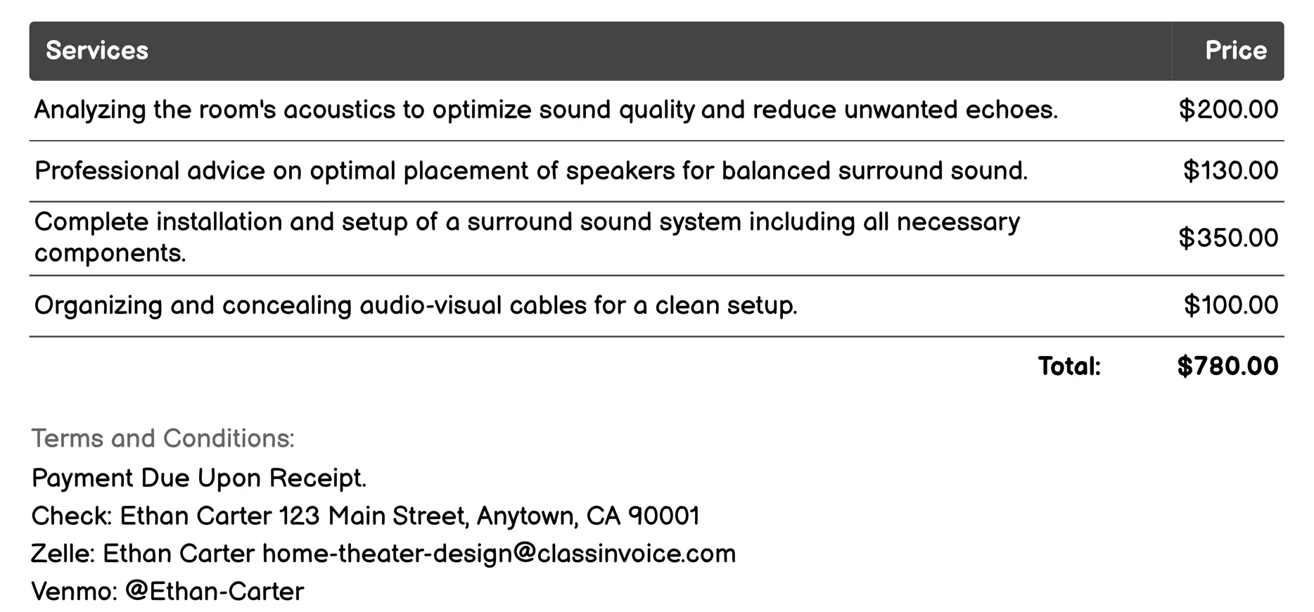 Surround Sound System Setup Invoice Example