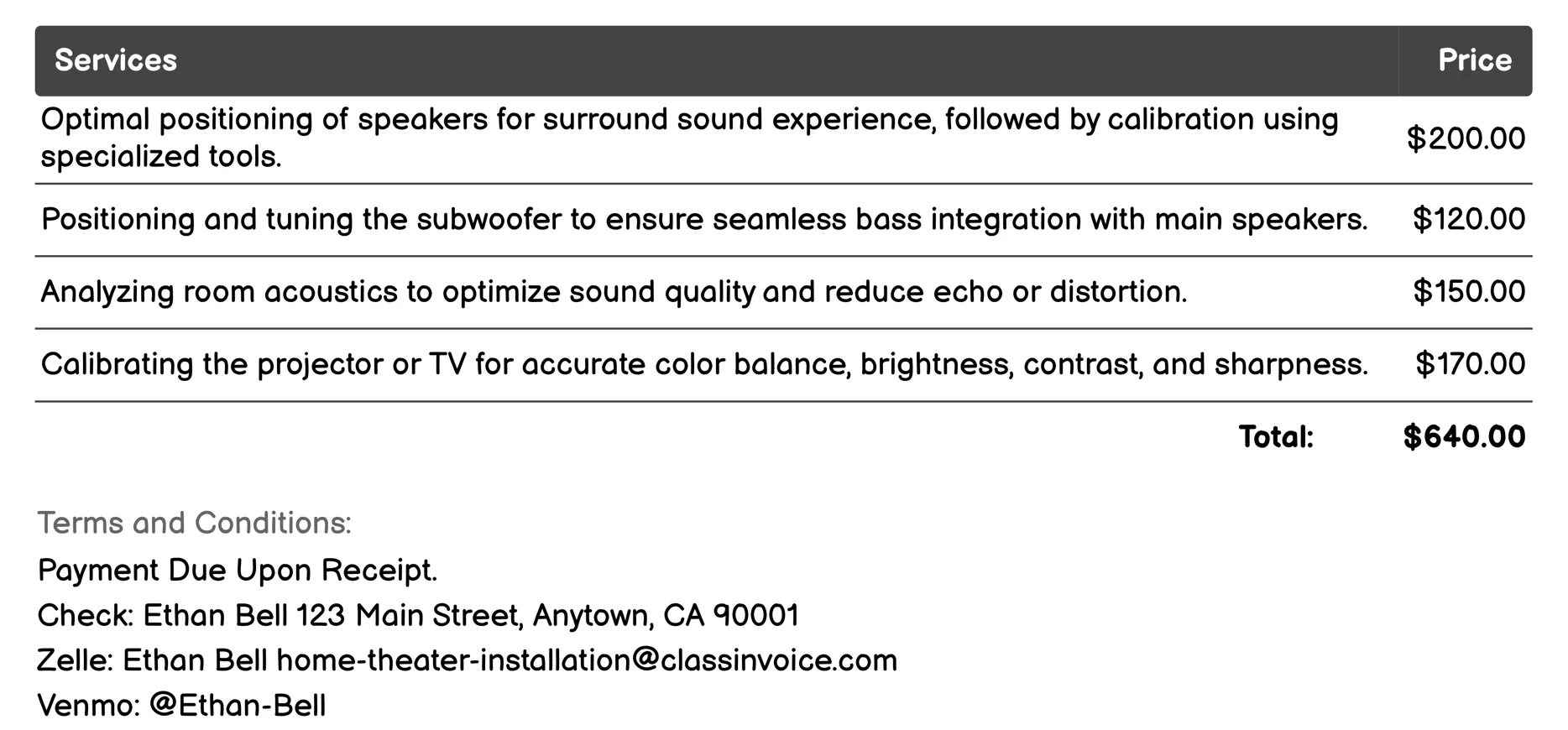 Audio-Visual Calibration Invoice Example