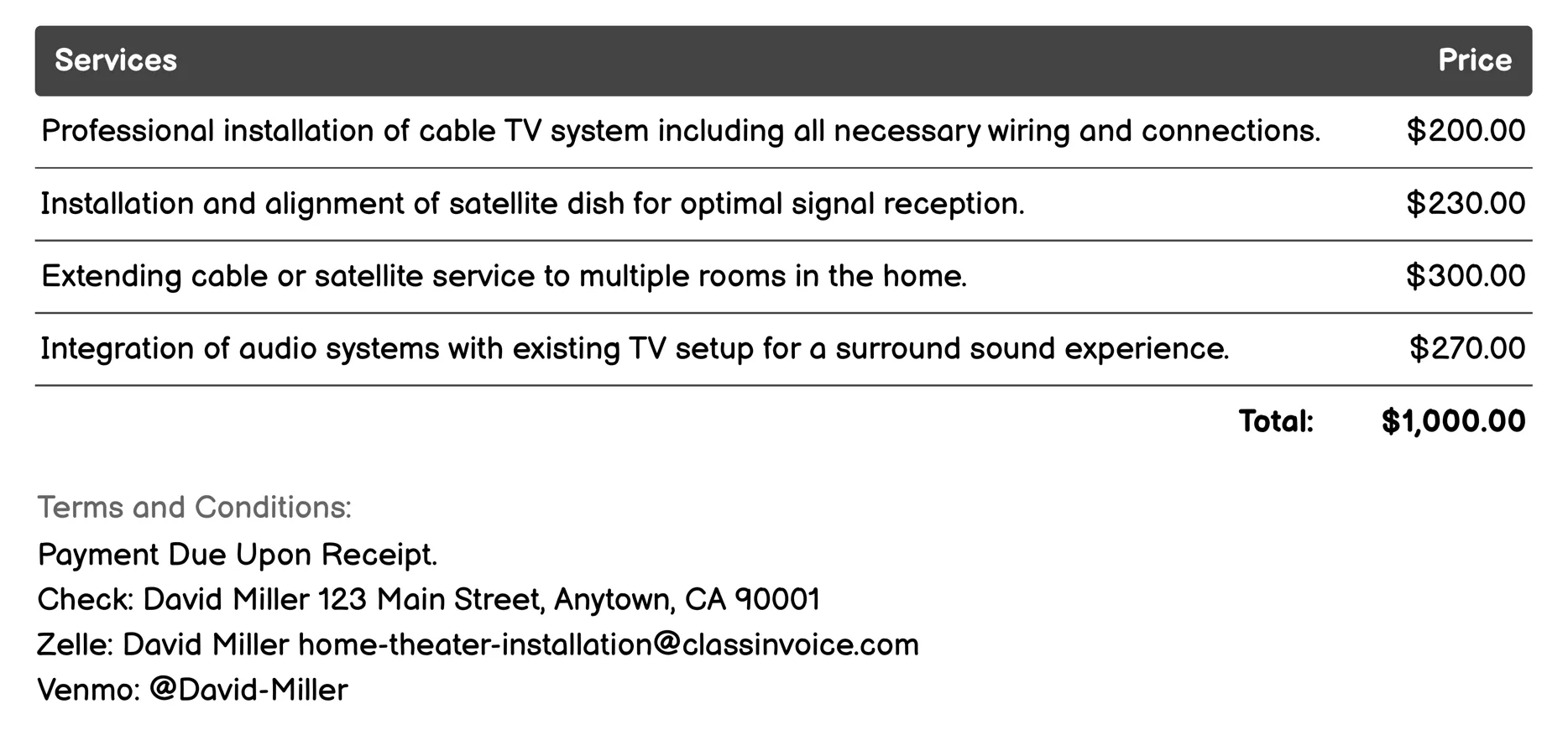 Cable TV and Satellite Setup Invoice Example
