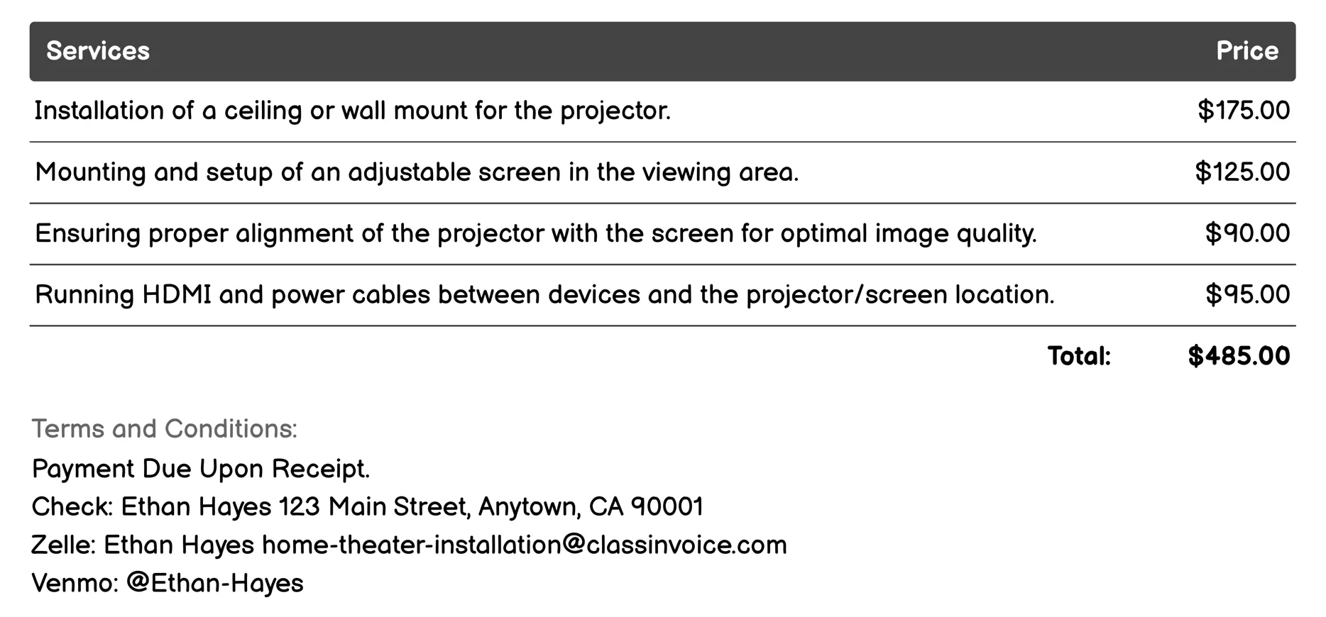 Projector and Screen Setup Invoice Example