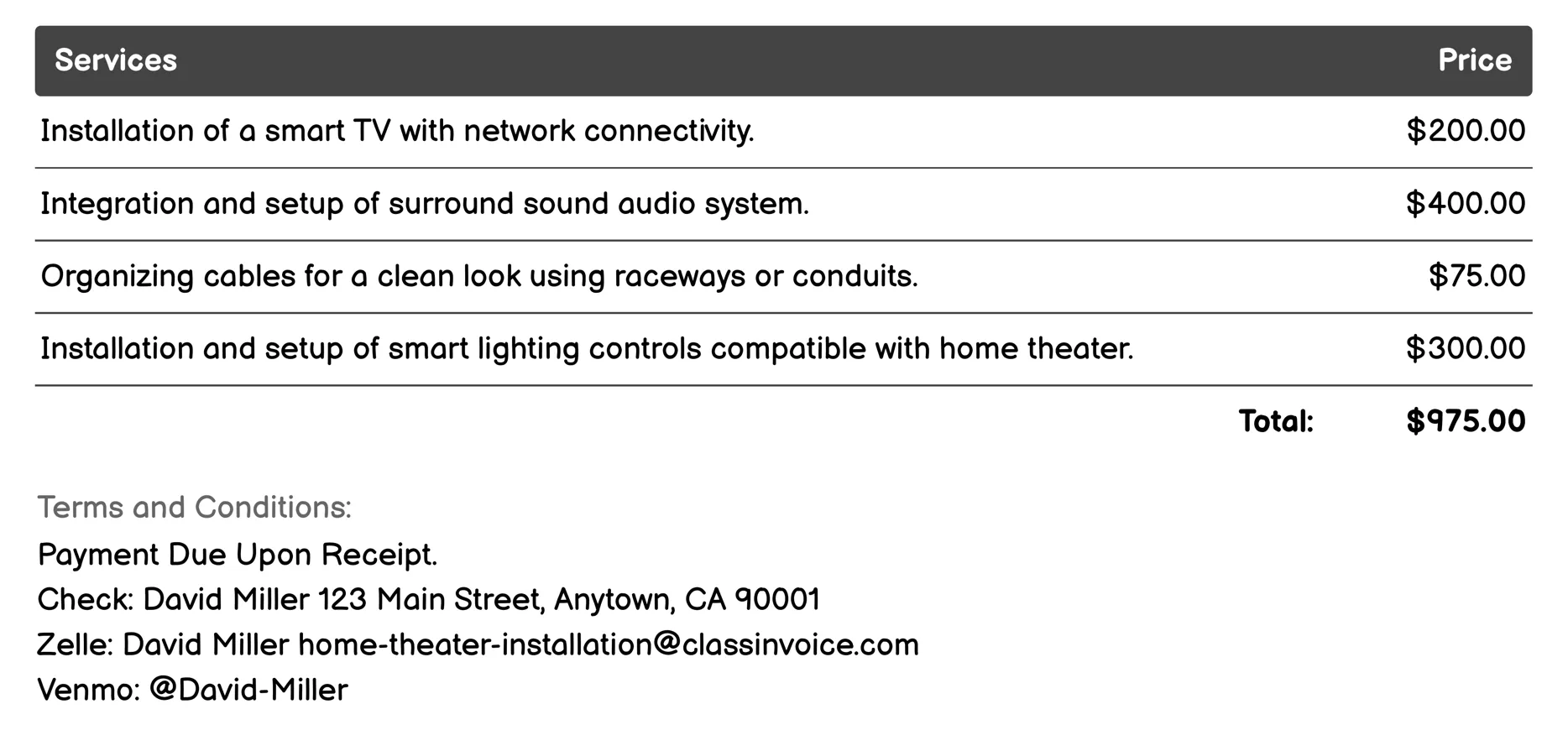 Smart Home Integration Invoice Example