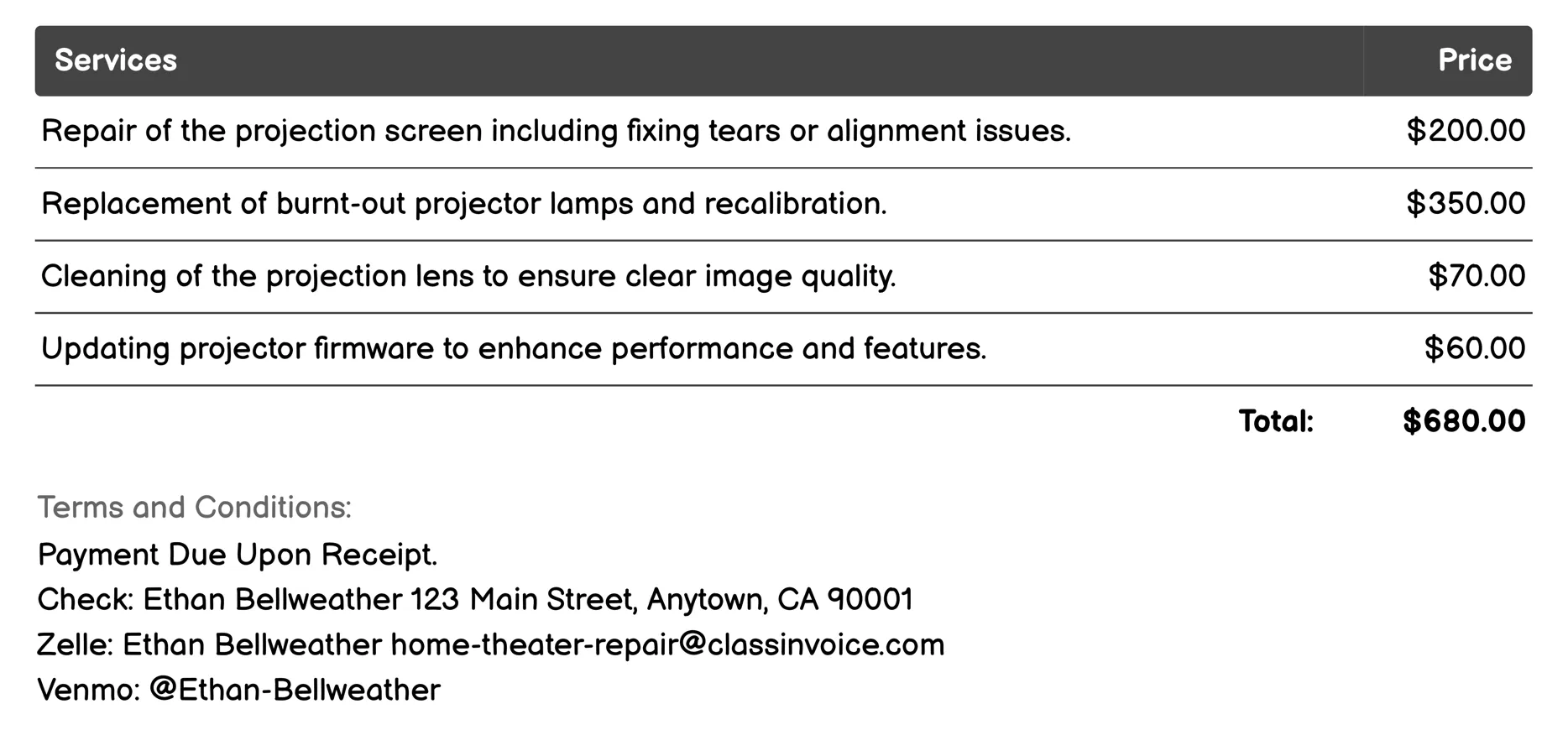Video Projection Repair Invoice Example