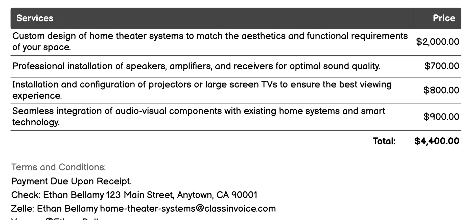 Audio-Video Integration Invoice Example