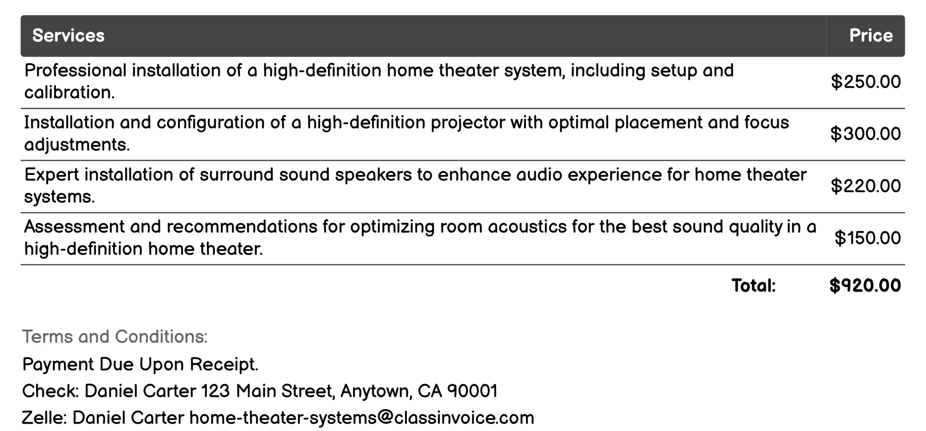 High-Definition Visual Systems Invoice Example