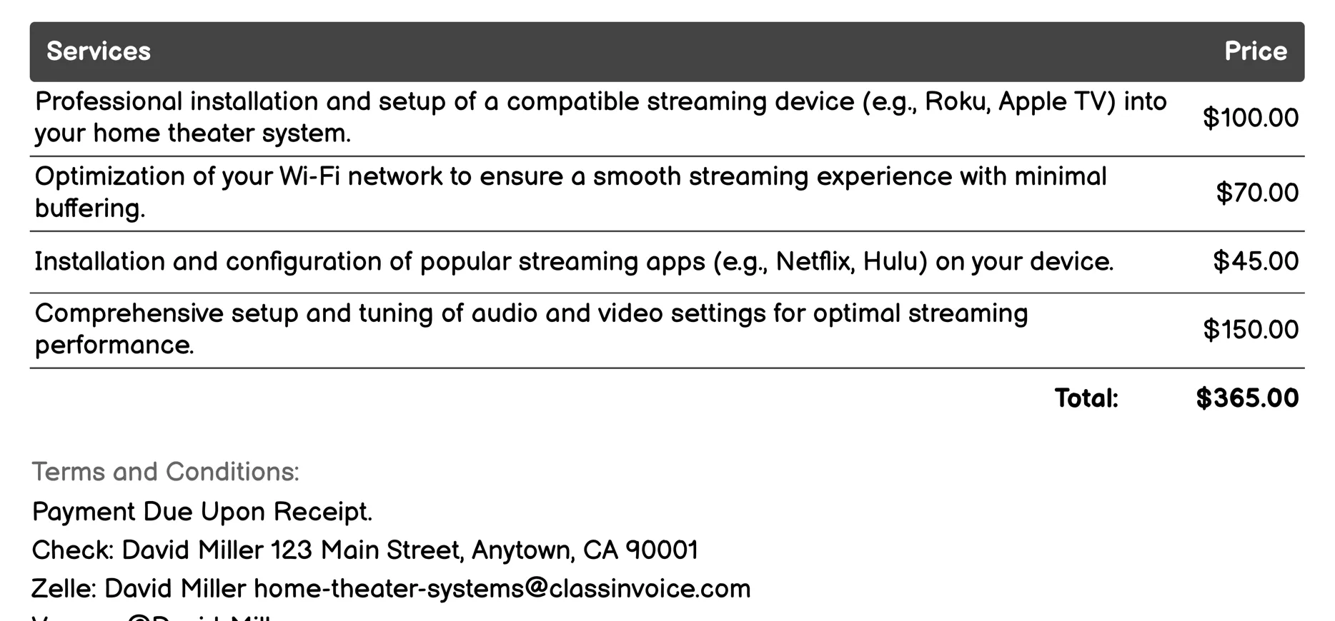 Streaming Services Access Invoice Example