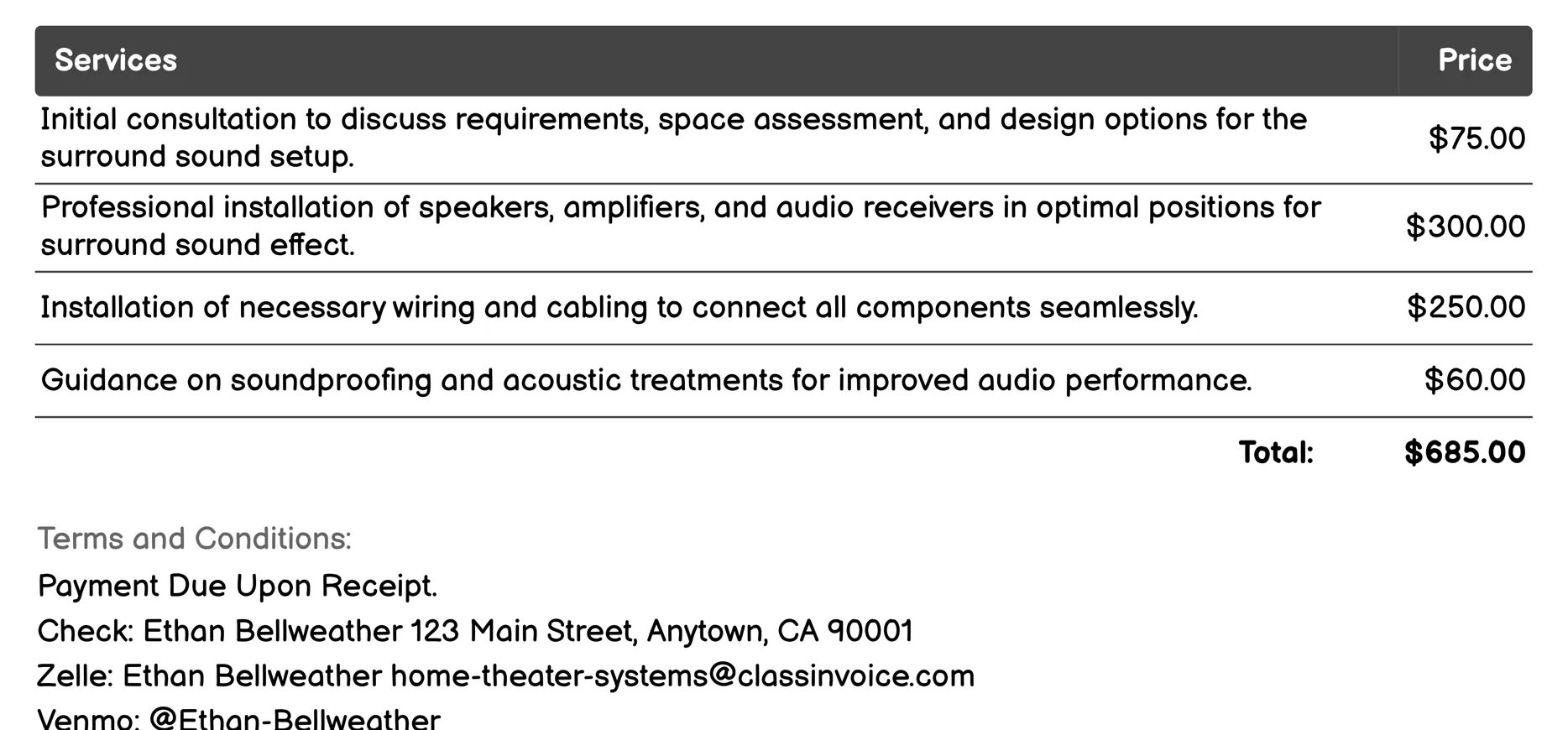 Surround Sound Setup Invoice Example