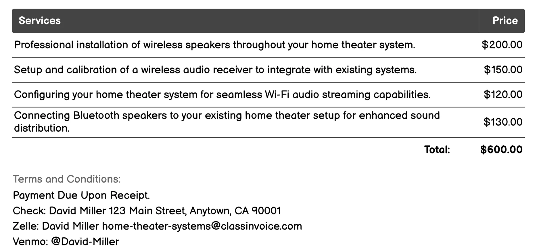Wireless Audio Solutions Invoice Example