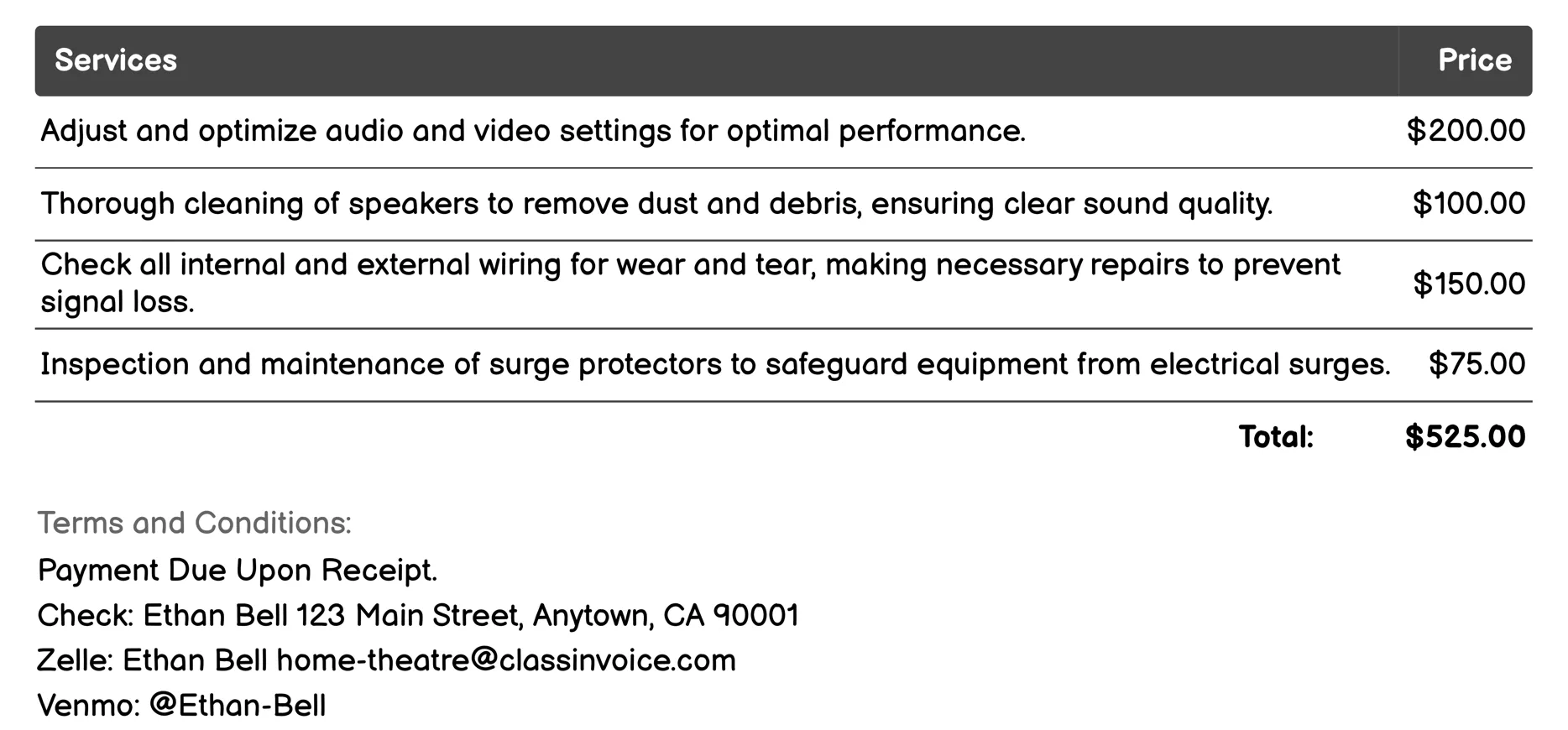 Maintenance and Support Invoice Example