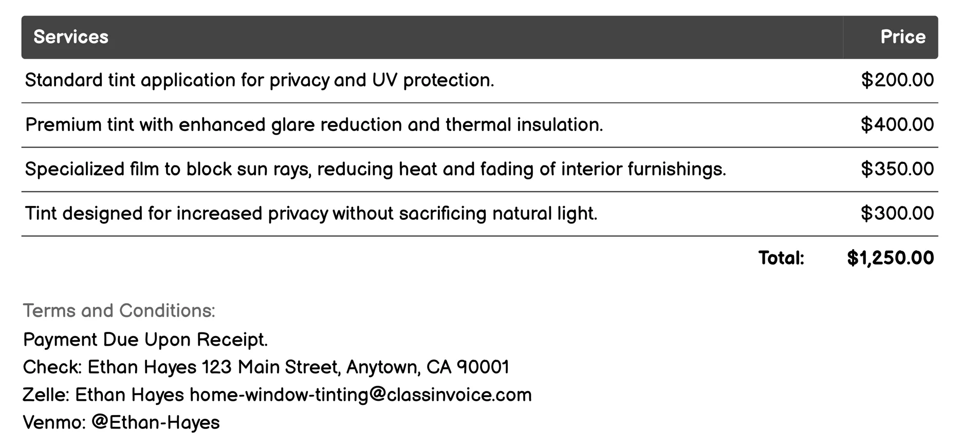 Clear Tinting for Protection Invoice Example