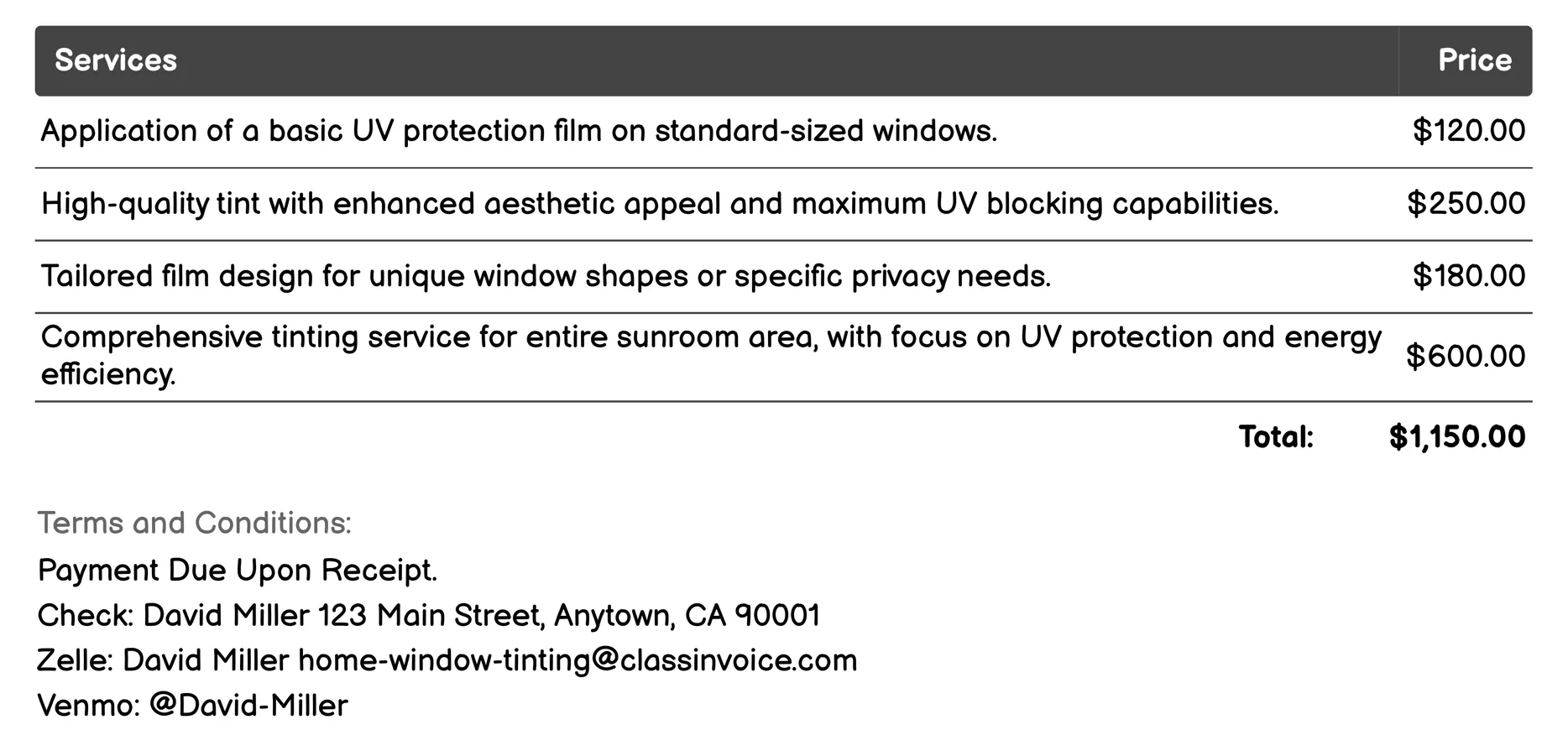 UV Protection Tinting Invoice Example