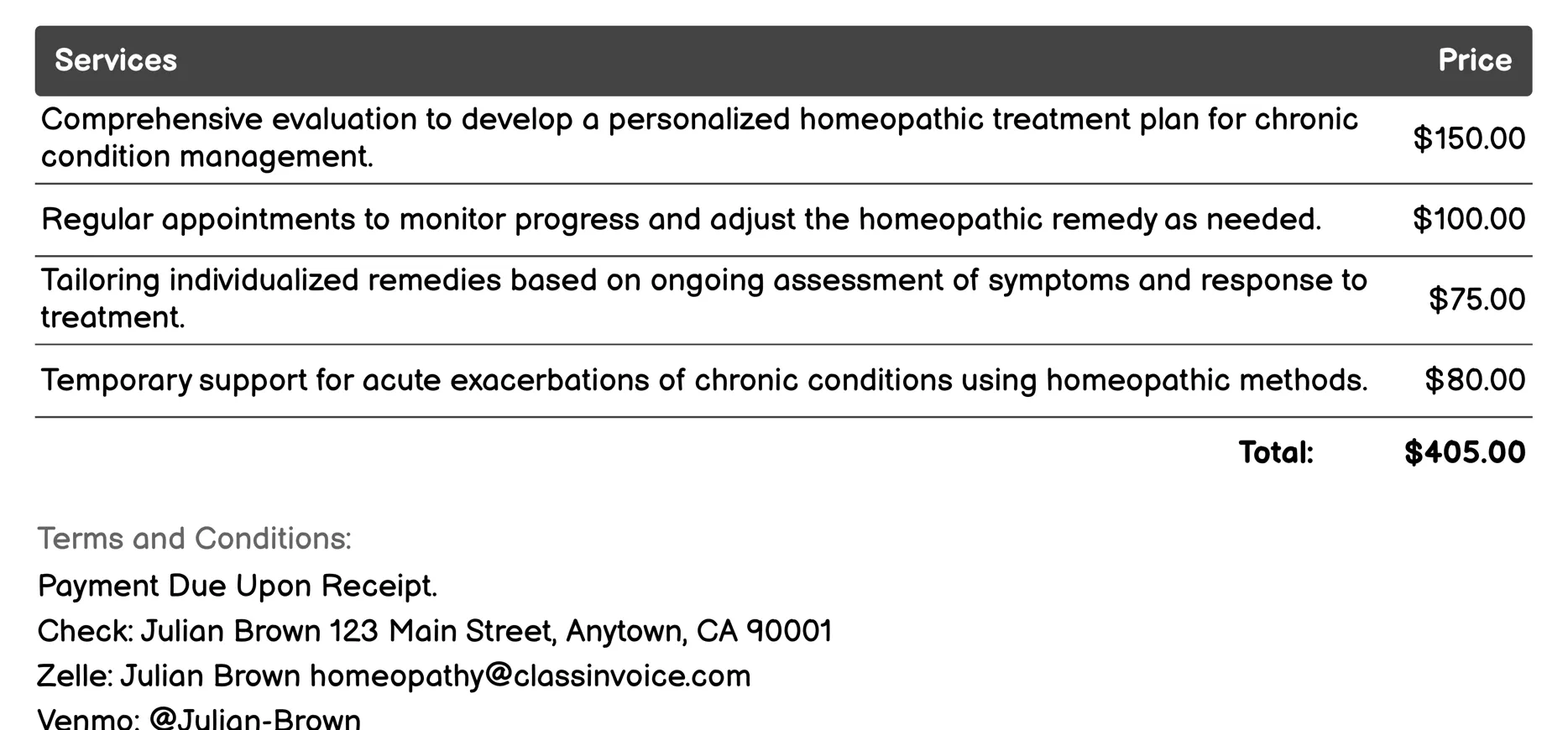Chronic Condition Management Invoice Example