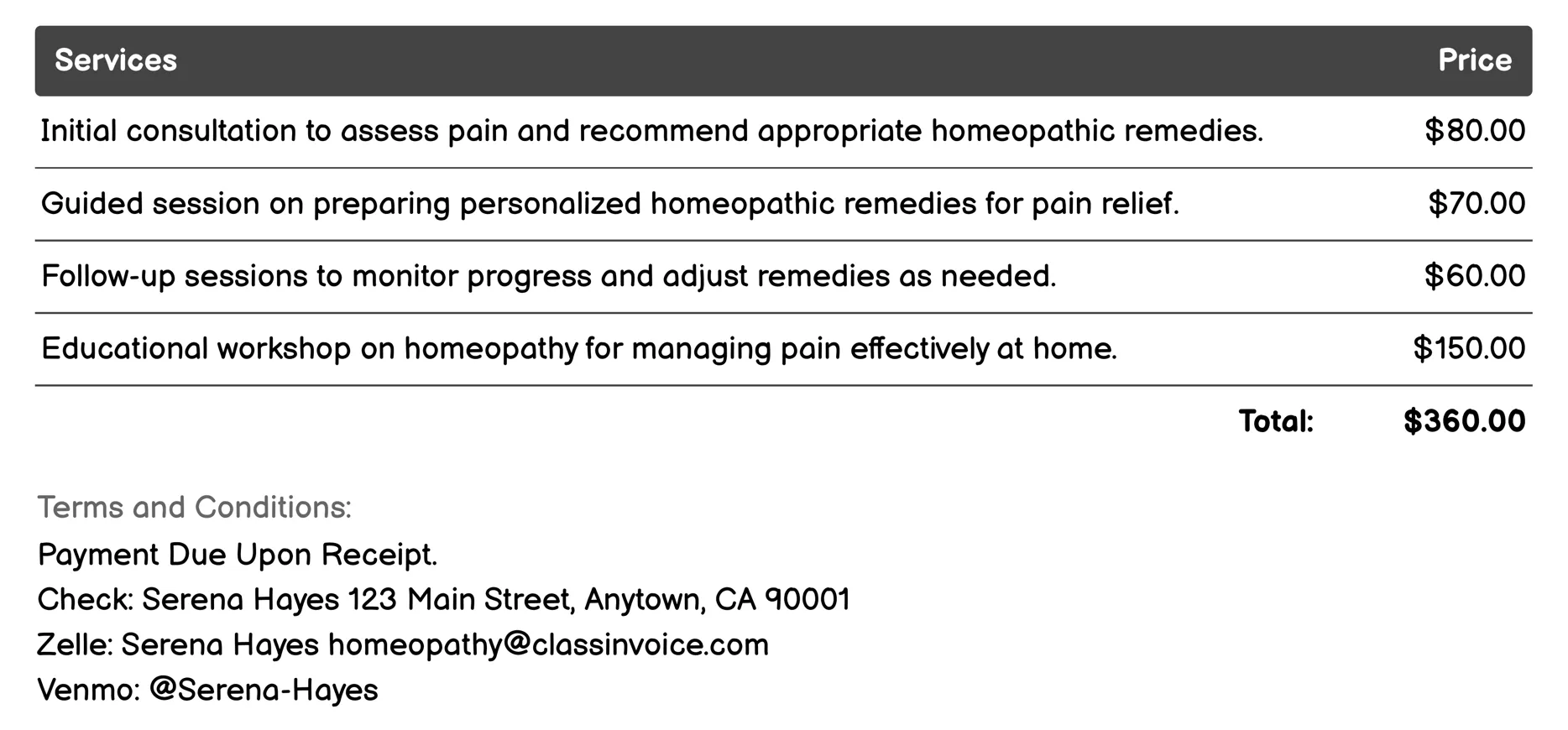 Pain Relief Invoice Example