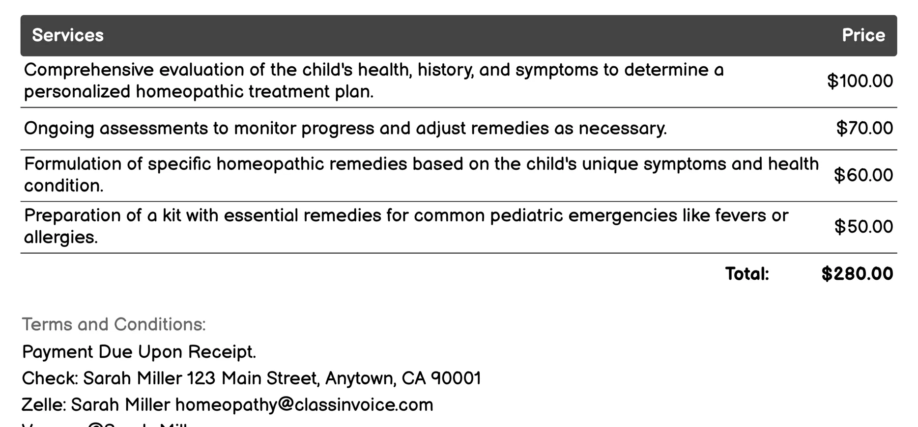 Pediatric Homeopathy Invoice Example