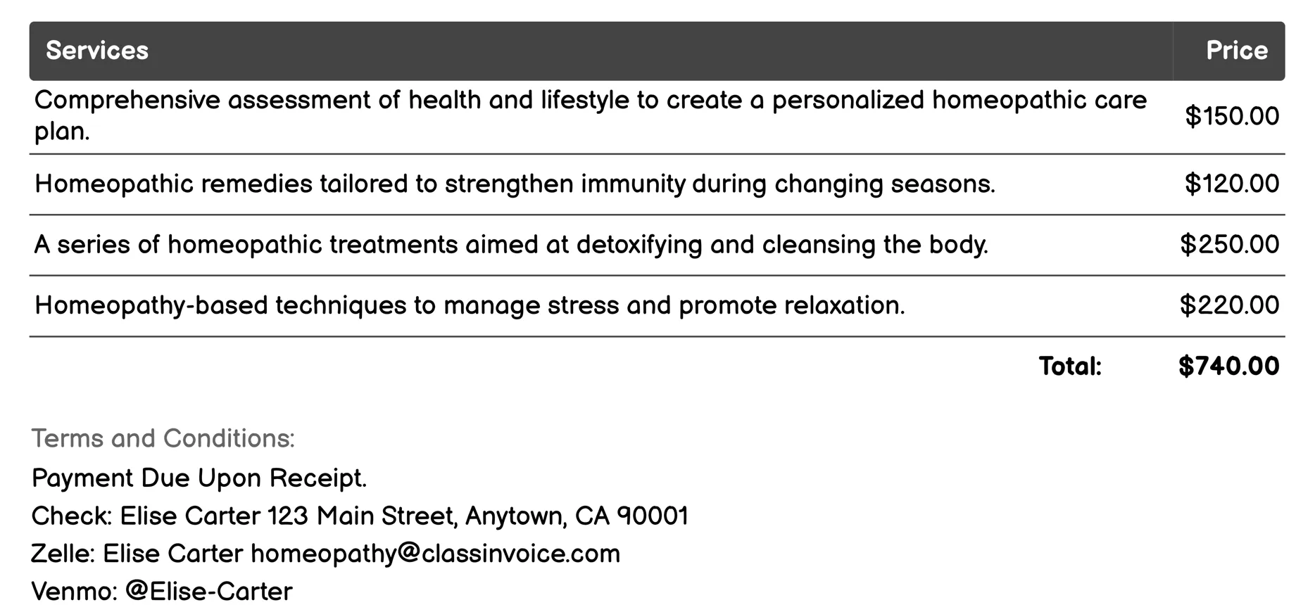 Preventative Health Care Invoice Example