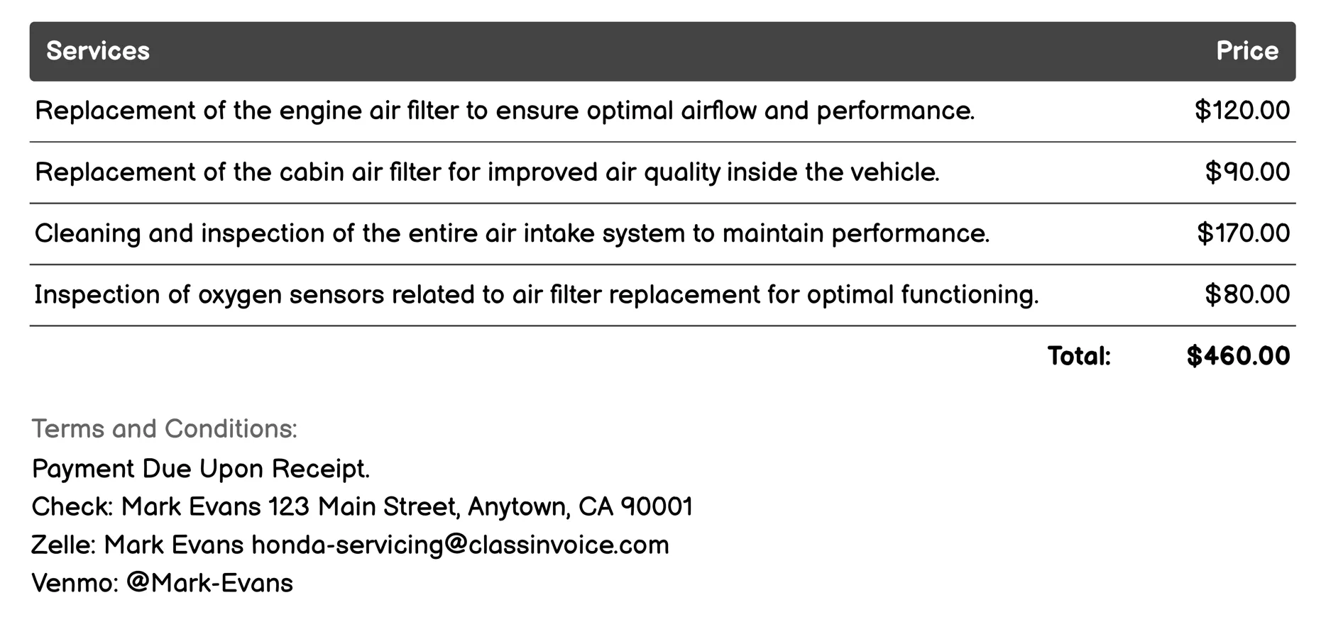 Air Filter Replacement Invoice Example