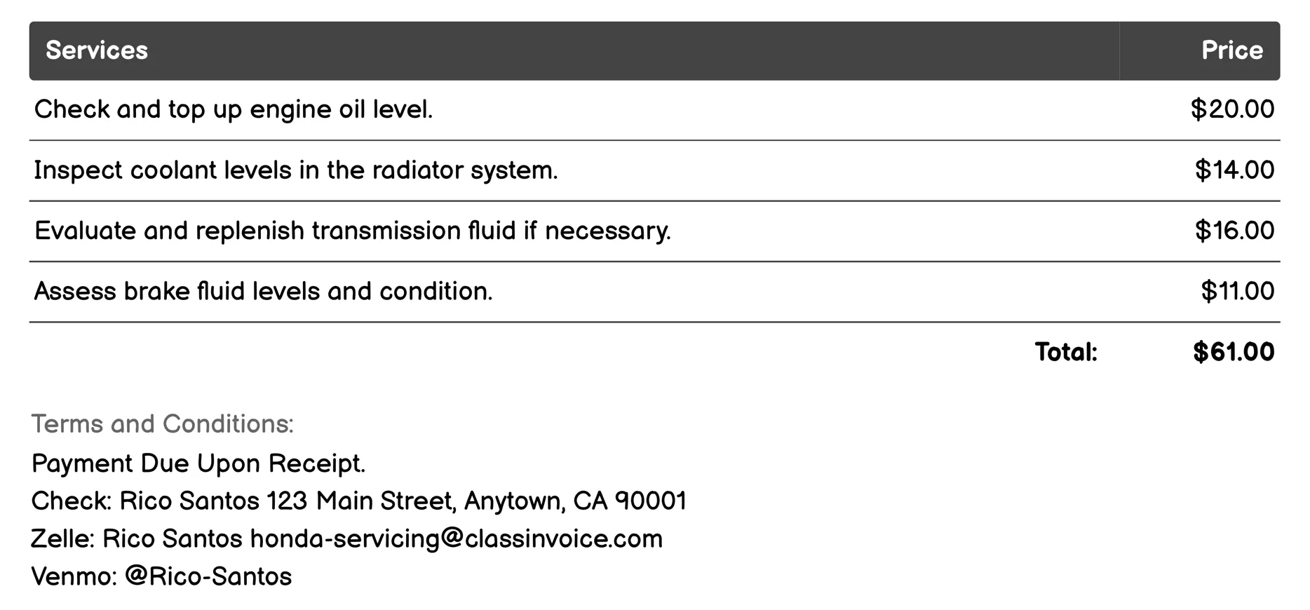 Fluid Check Invoice Example