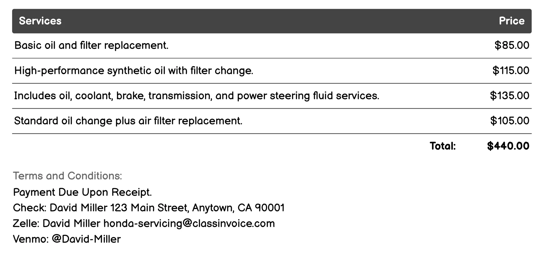 Oil Change Invoice Example