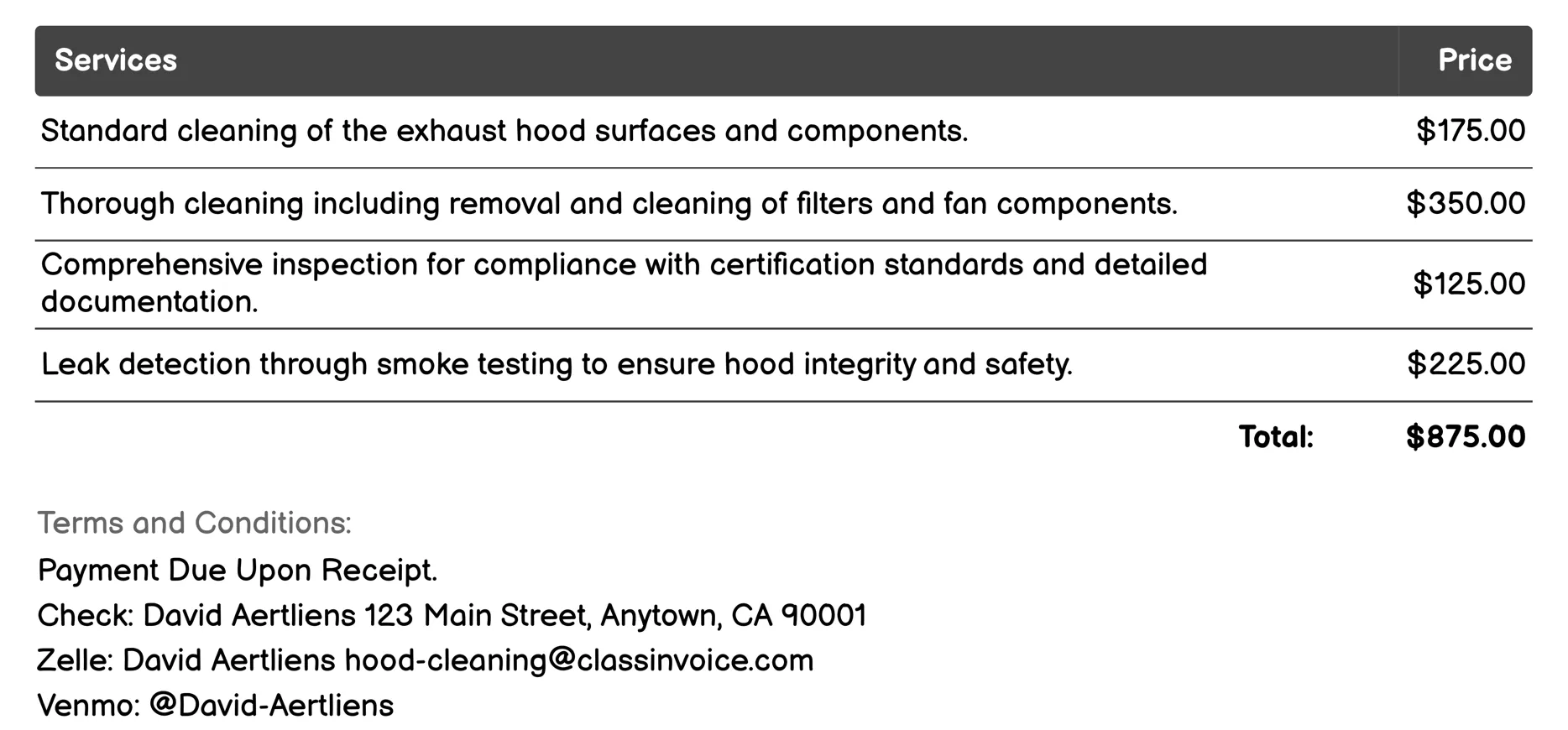 Compliance and Certification Service Invoice Example