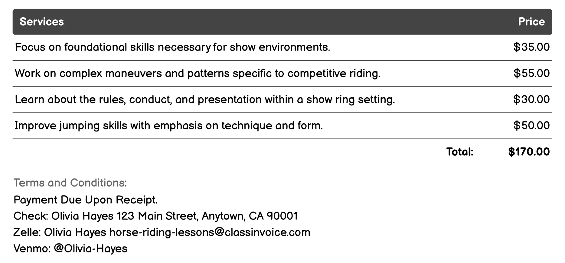 Show Prep Lessons Invoice Example