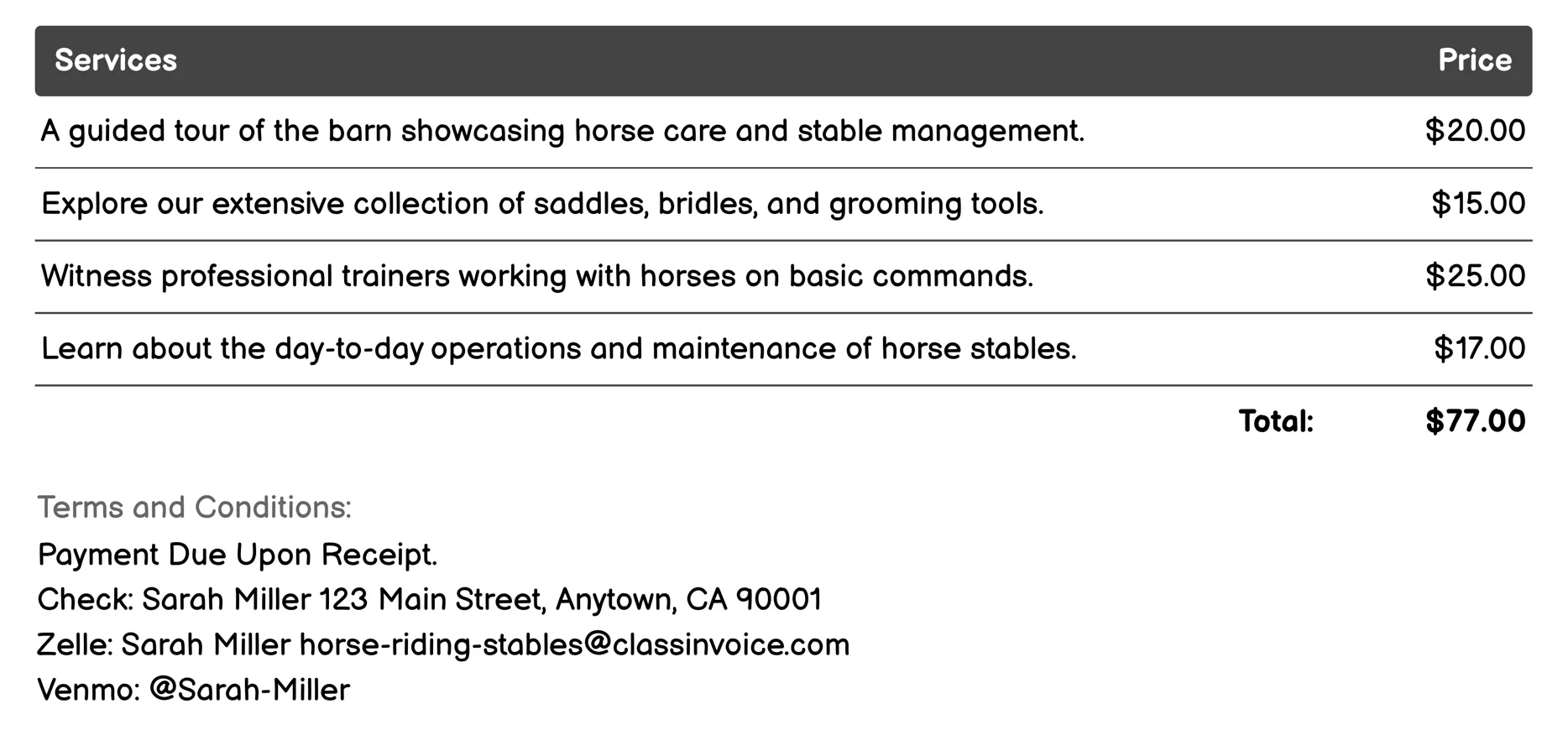Barn Tours Invoice Example