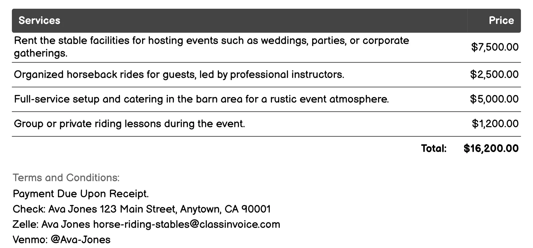 Event Hosting Invoice Example