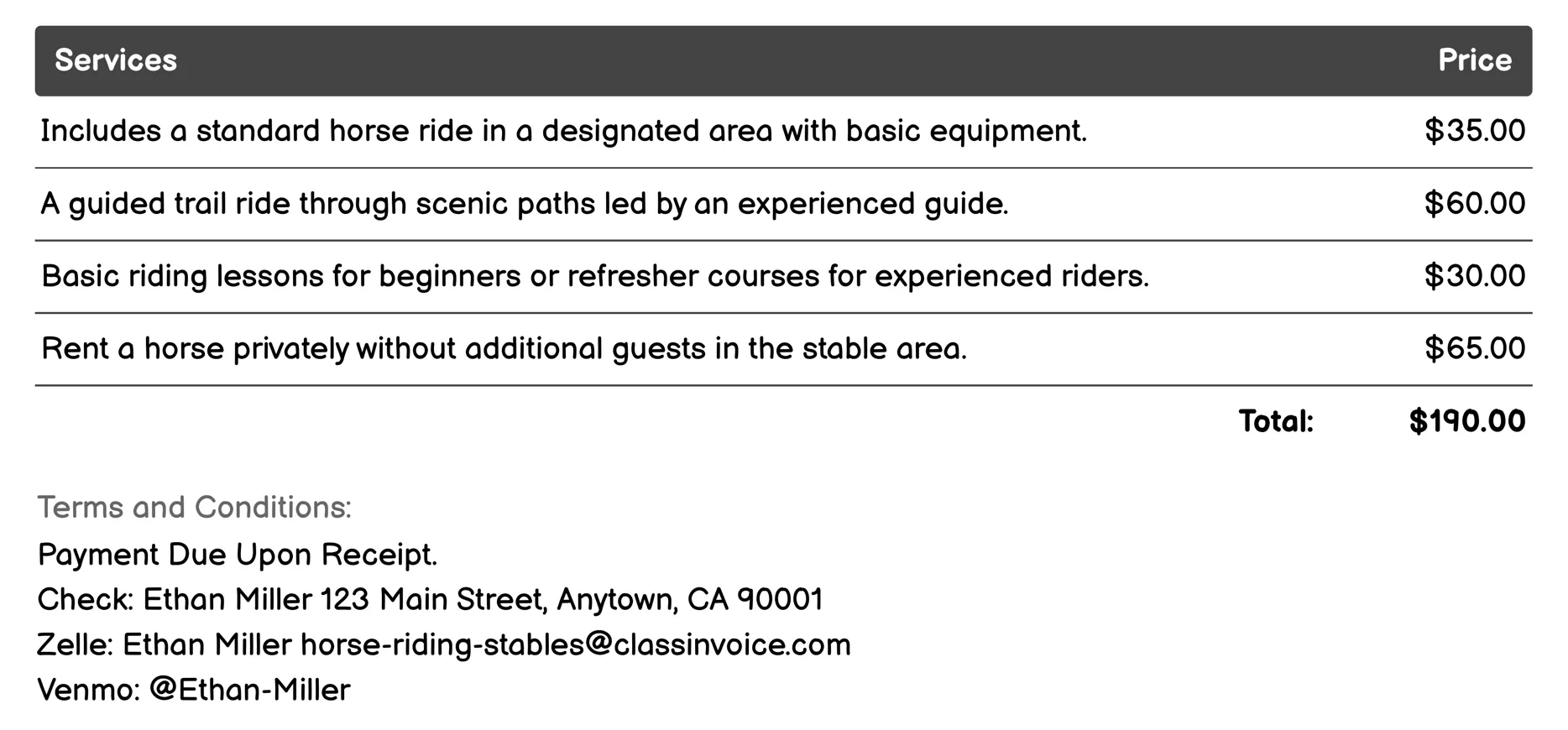 Horse Rental Invoice Example