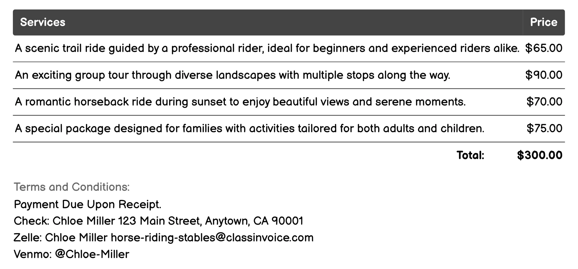 Horseback Tours Invoice Example