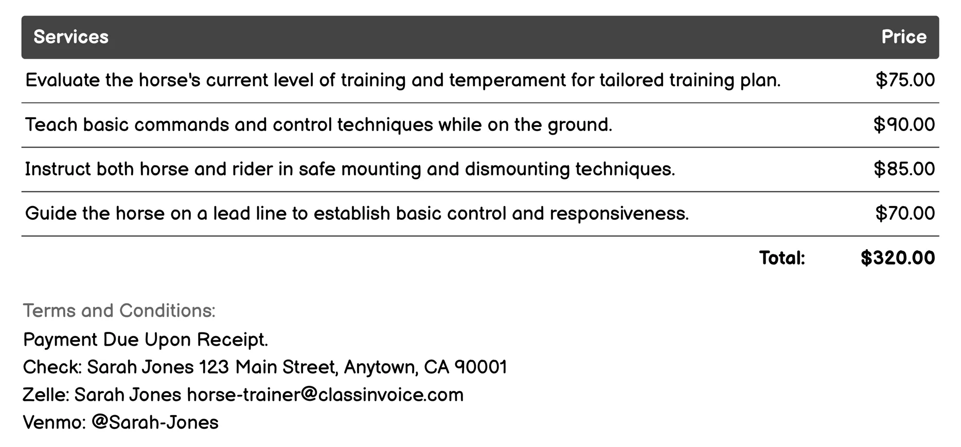 Basic Training Invoice Example