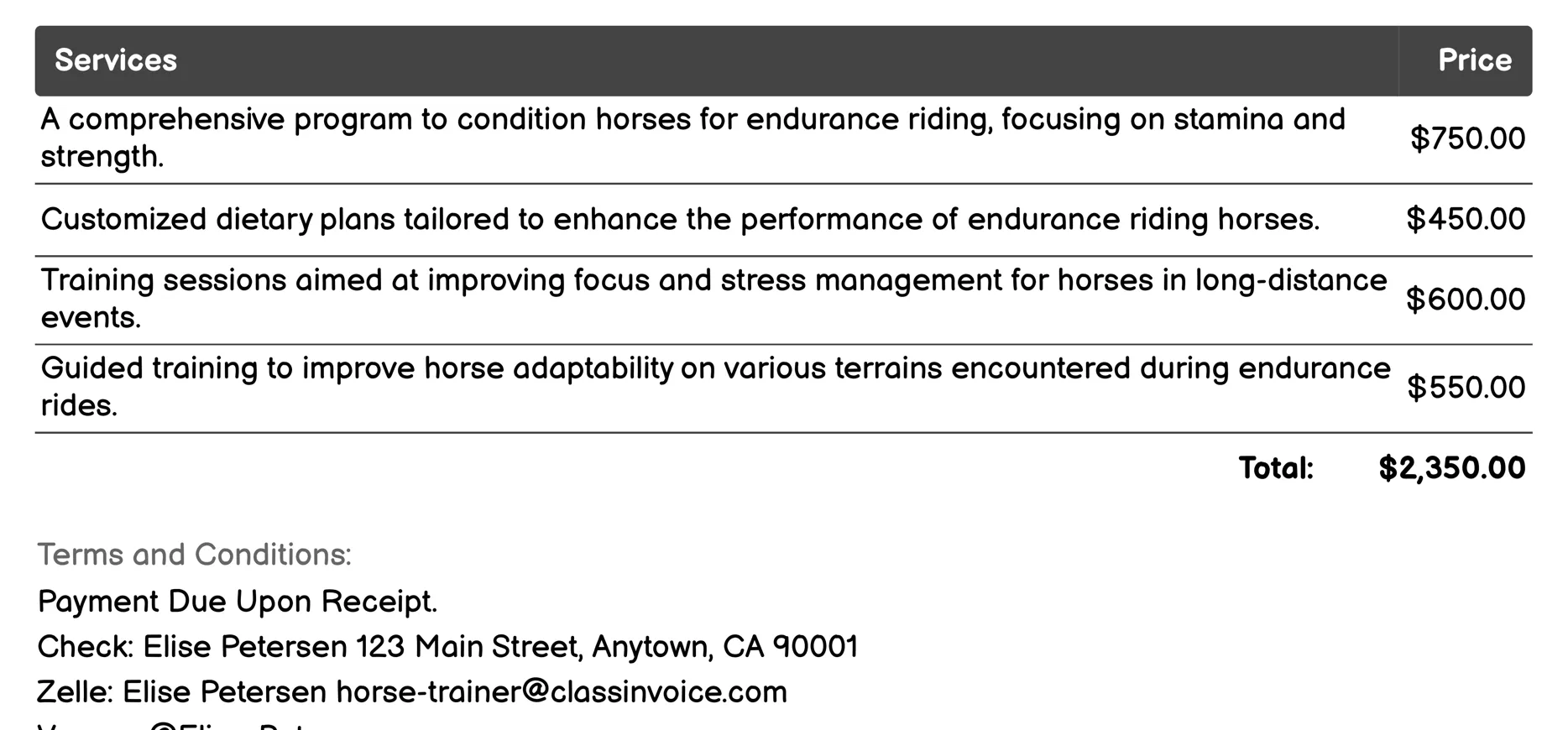 Endurance Riding Coaching Invoice Example