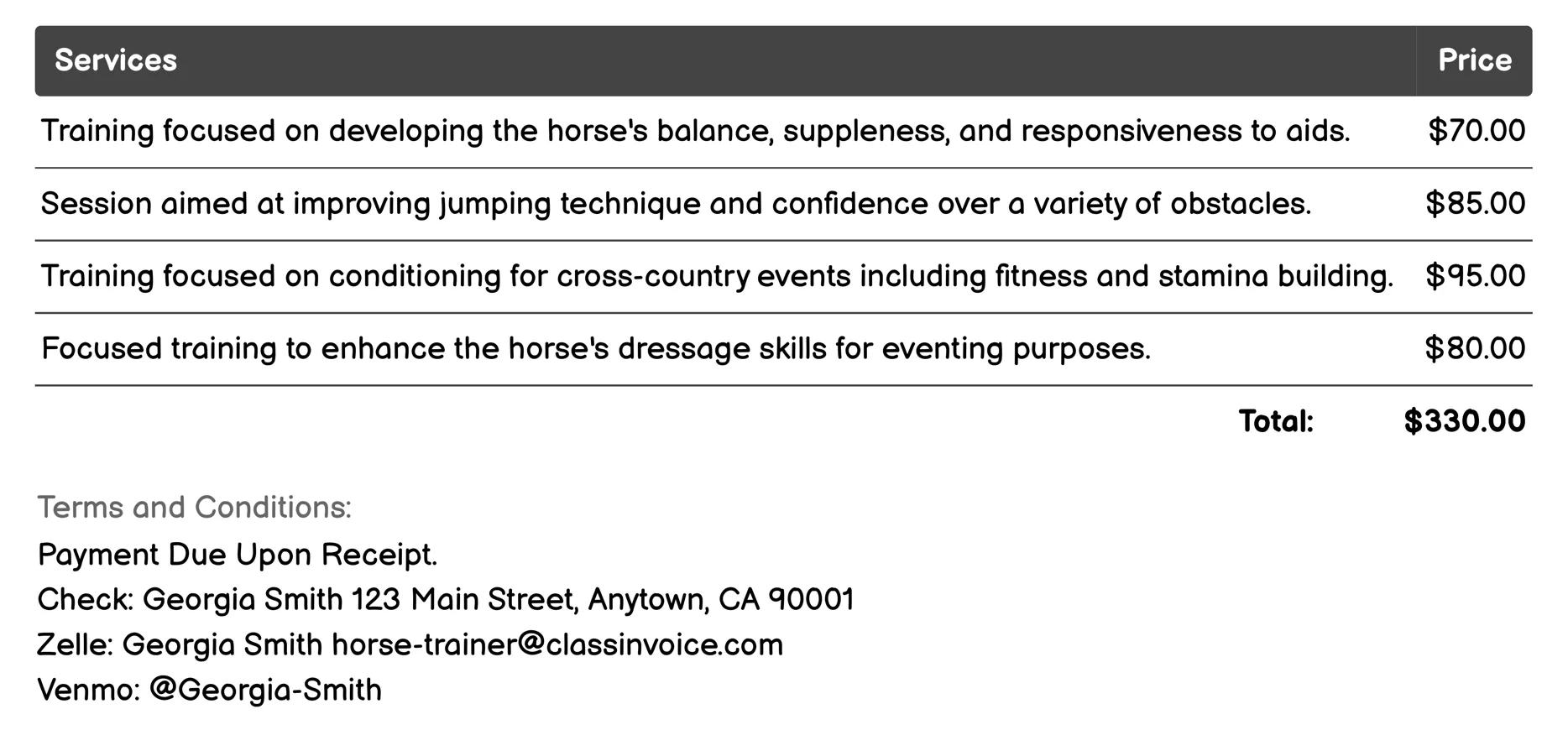 Eventing Training Invoice Example
