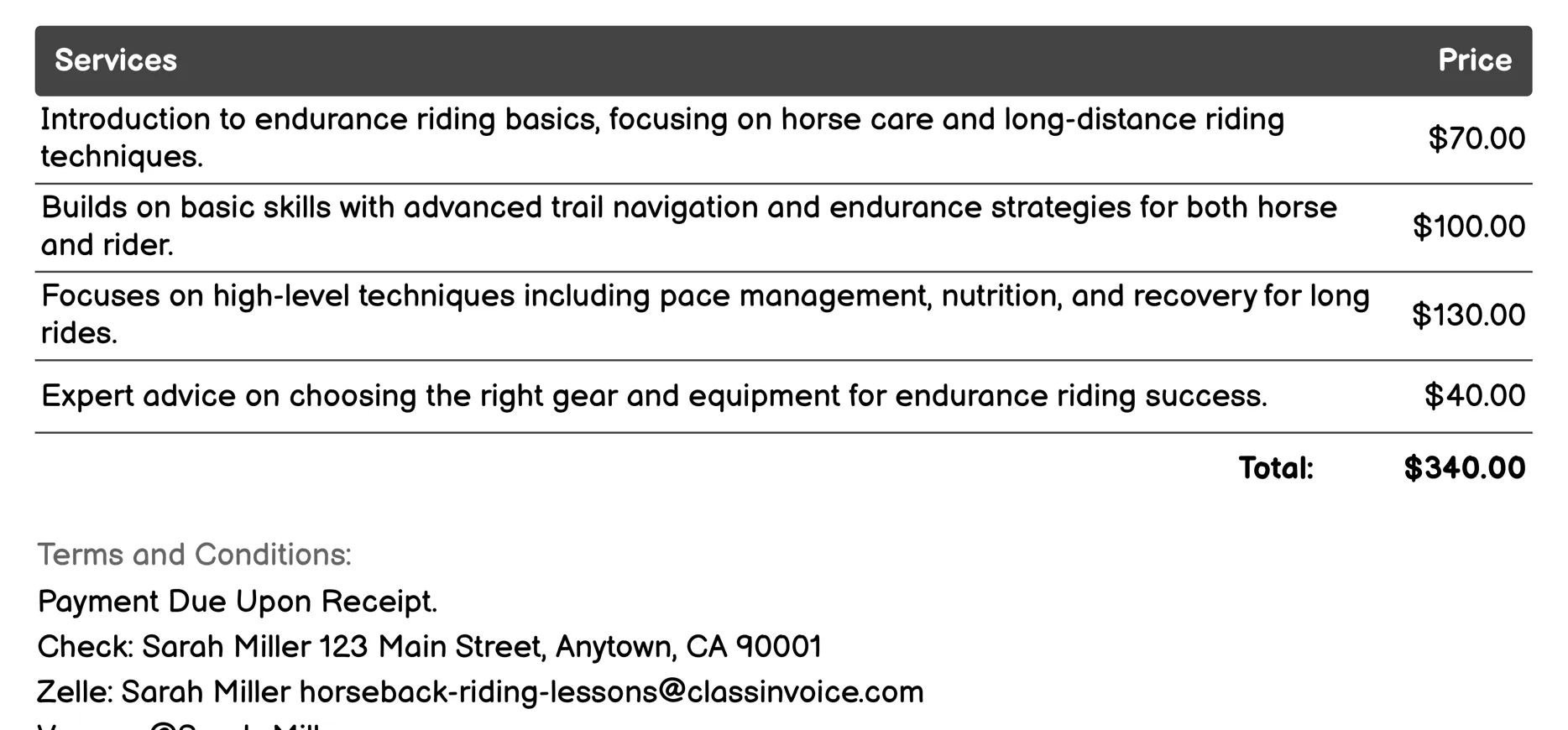 Endurance Riding Training Invoice Example