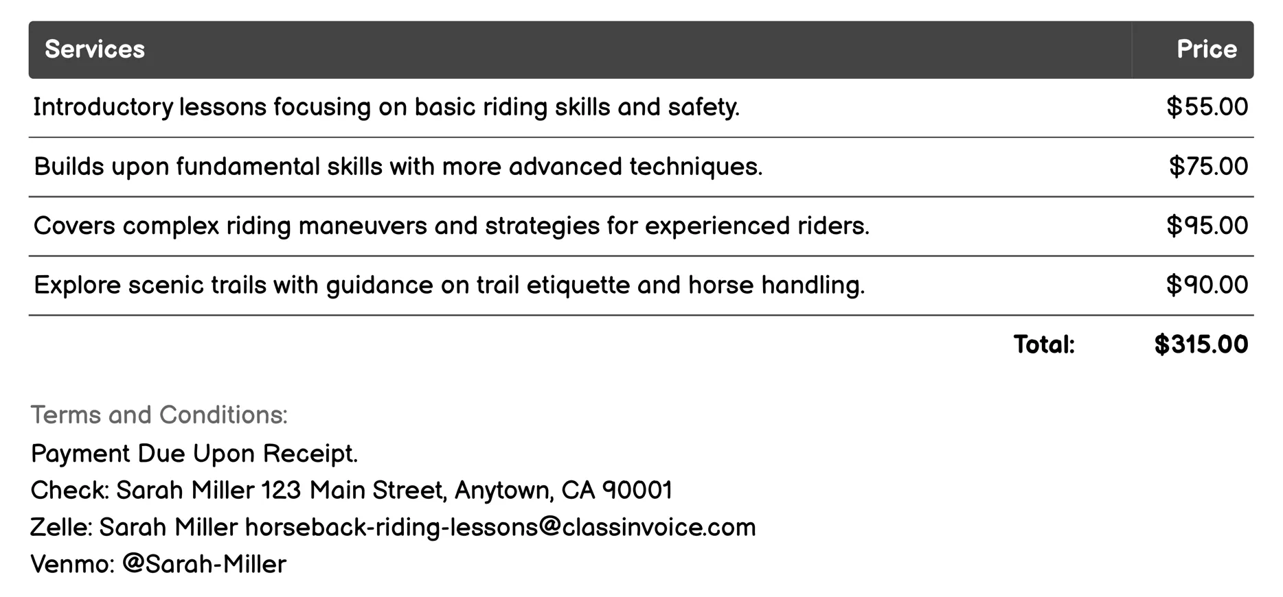 Group Riding Classes Invoice Example
