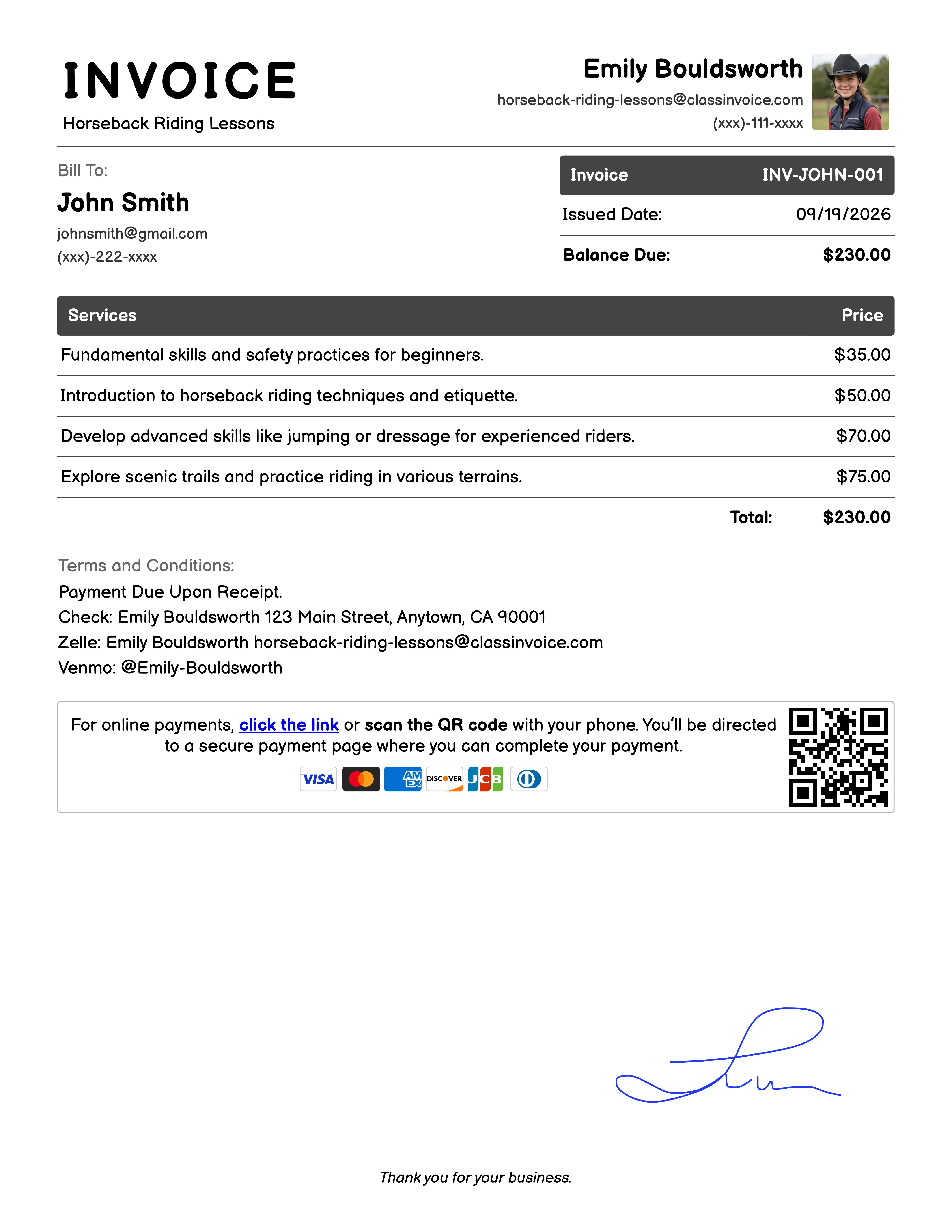 Horseback Riding Lessons Invoice Example