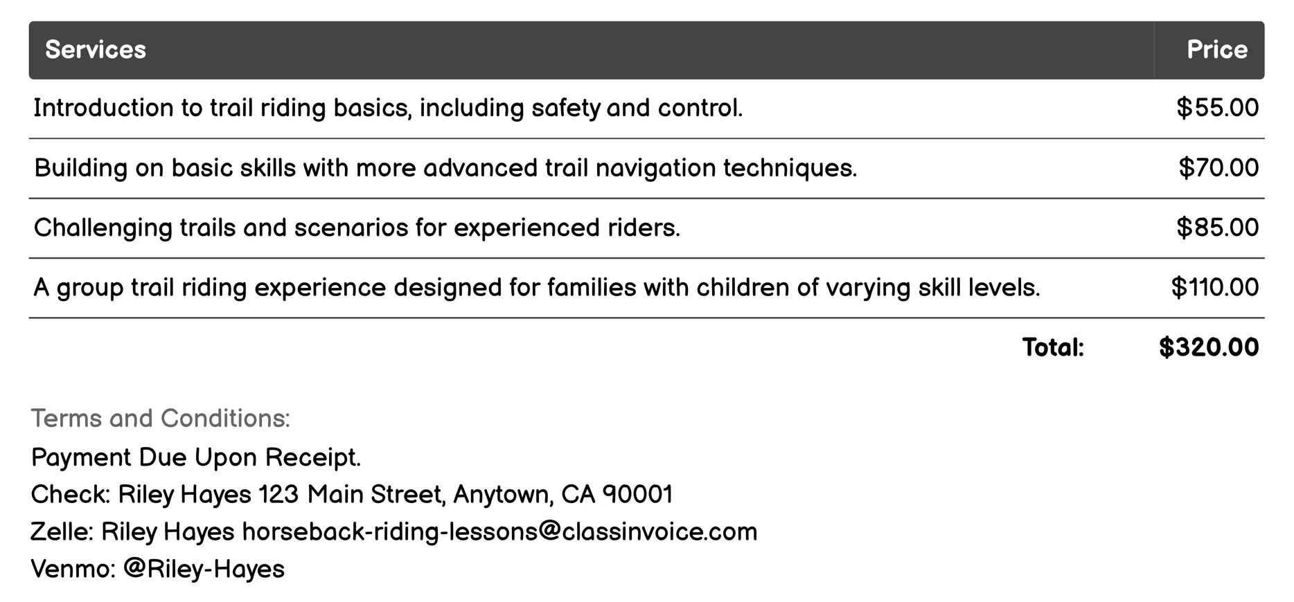 Trail Riding Lessons Invoice Example