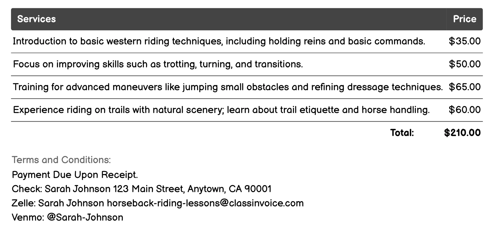 Western Riding Classes Invoice Example