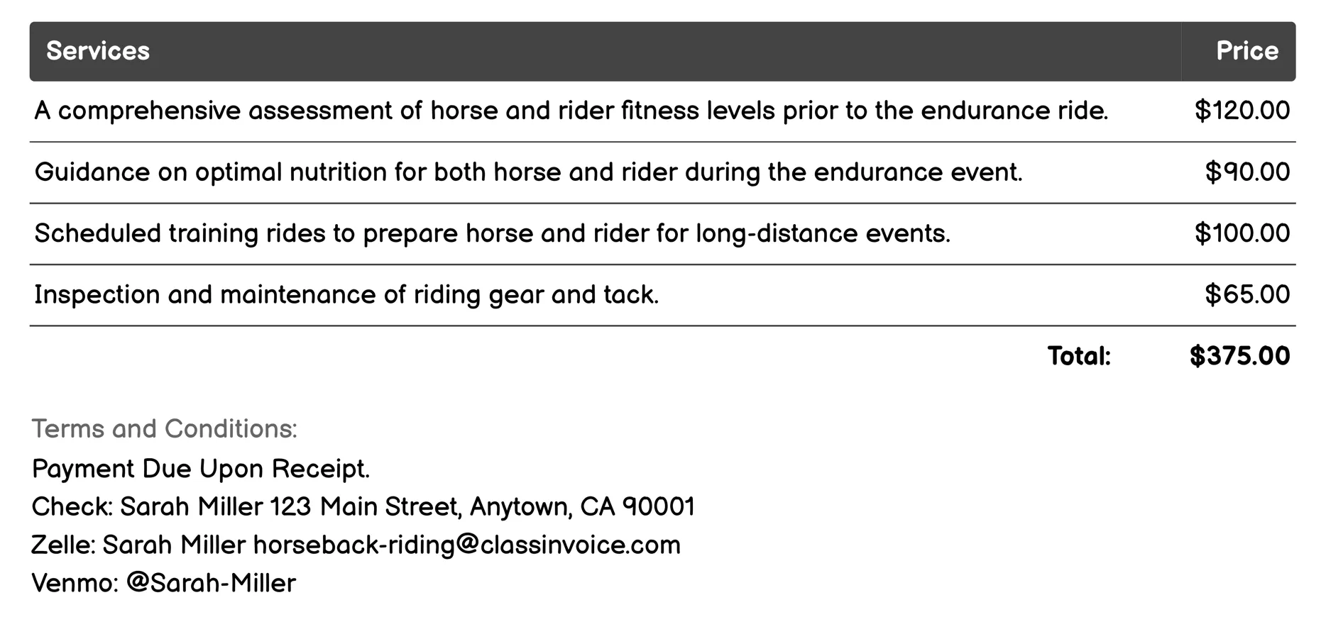 Endurance Rides Invoice Example
