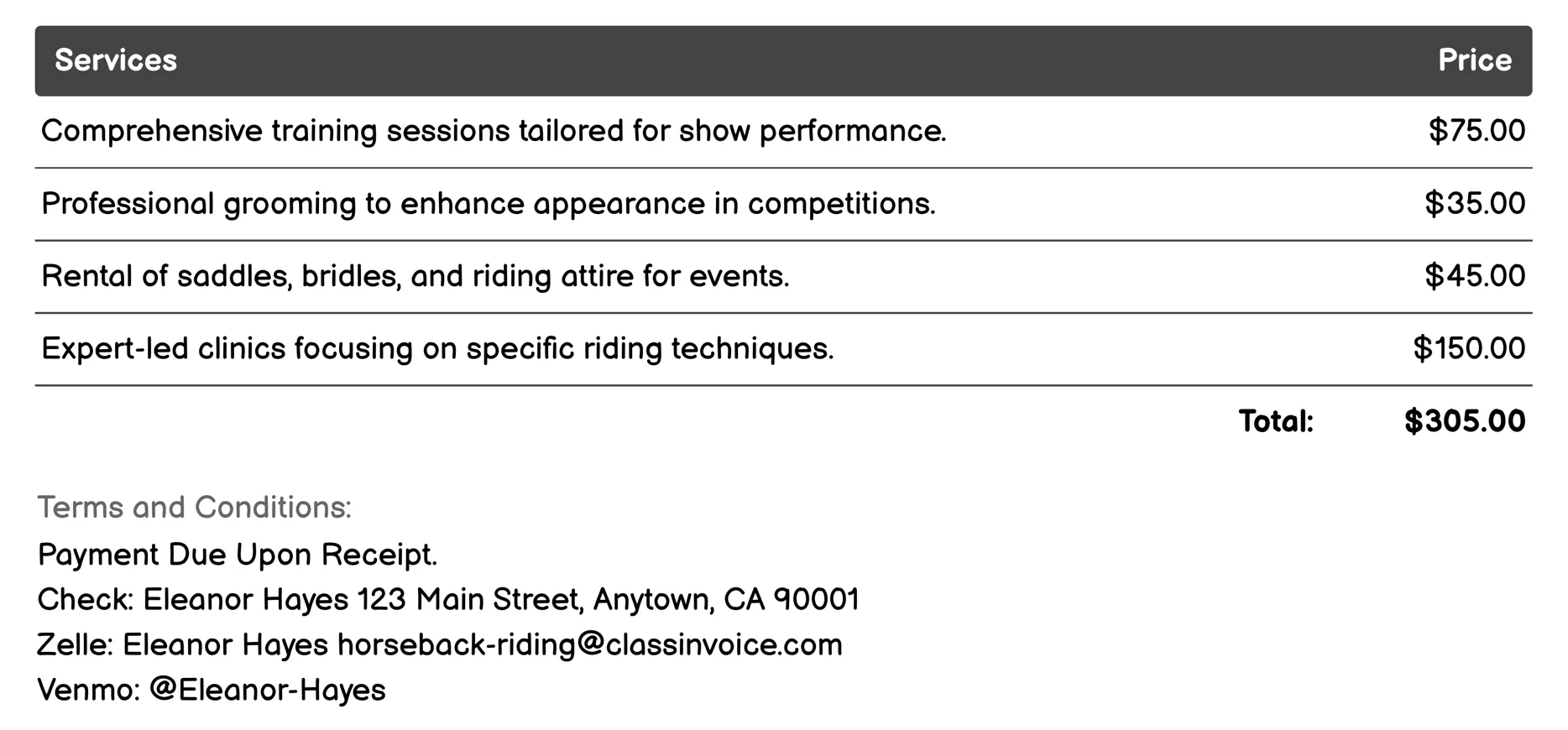 Horse Shows and Competitions Invoice Example