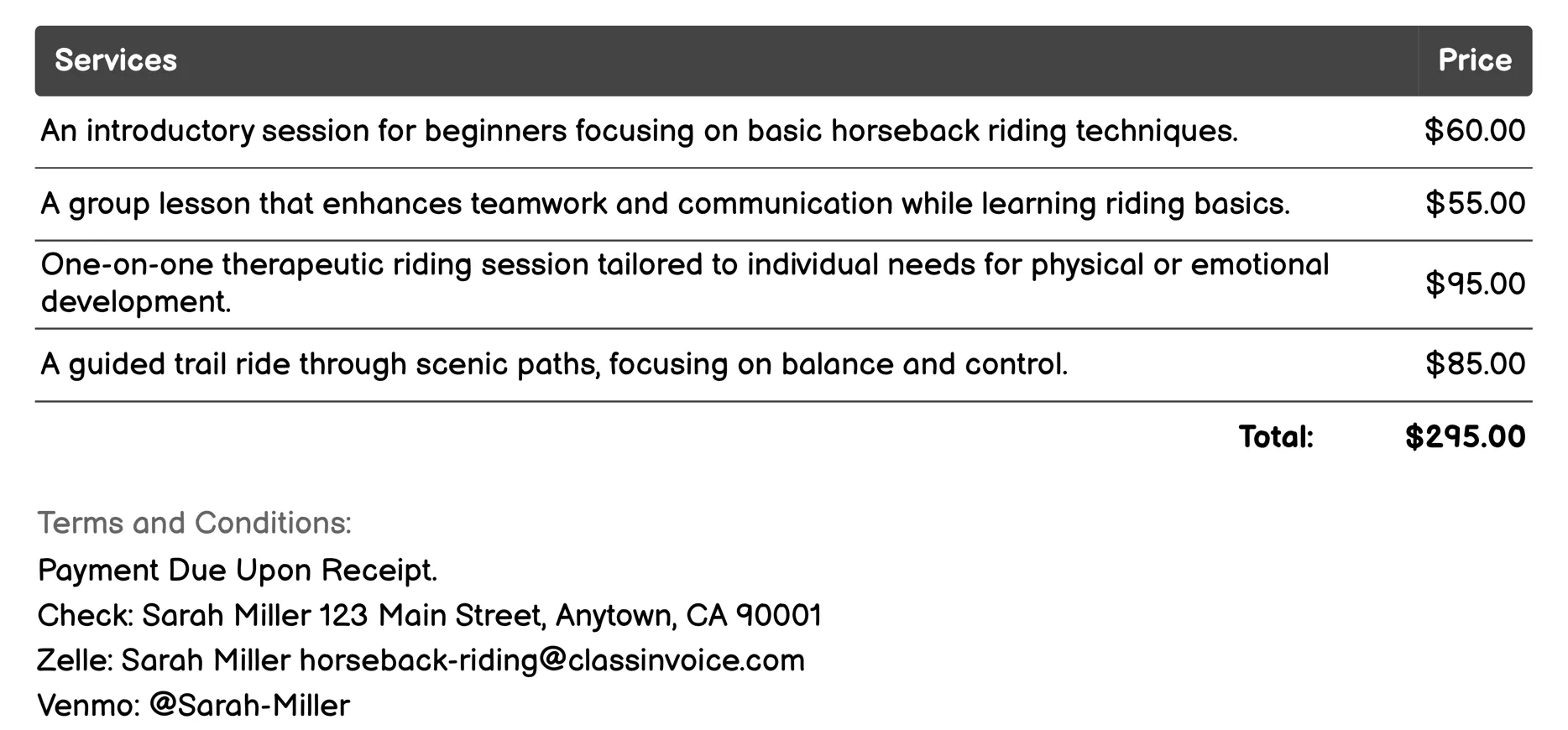 Therapeutic Riding Invoice Example