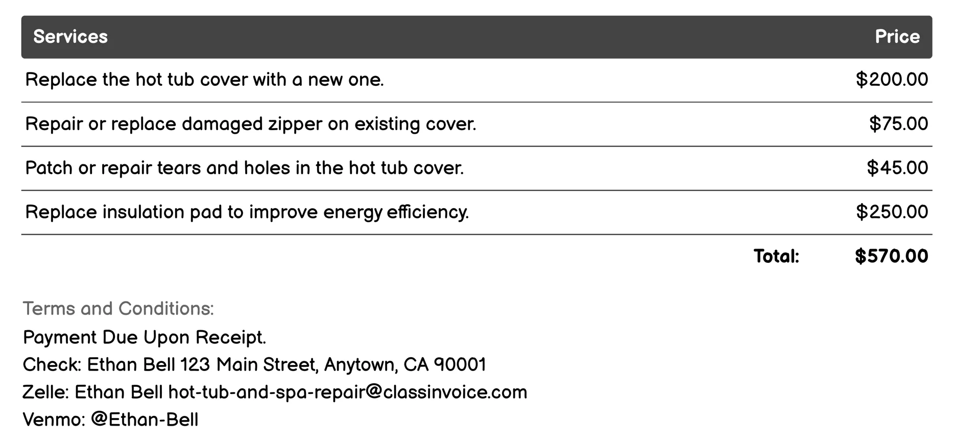 Cover Replacement or Repair Invoice Example